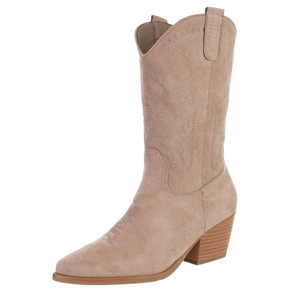 Ital-Design Damen Cowboystiefel Kniehoch Wildleder-Optik Blockabsatz Westernstiefel (92157735) Blockabsatz Stiefel in Hellbraun