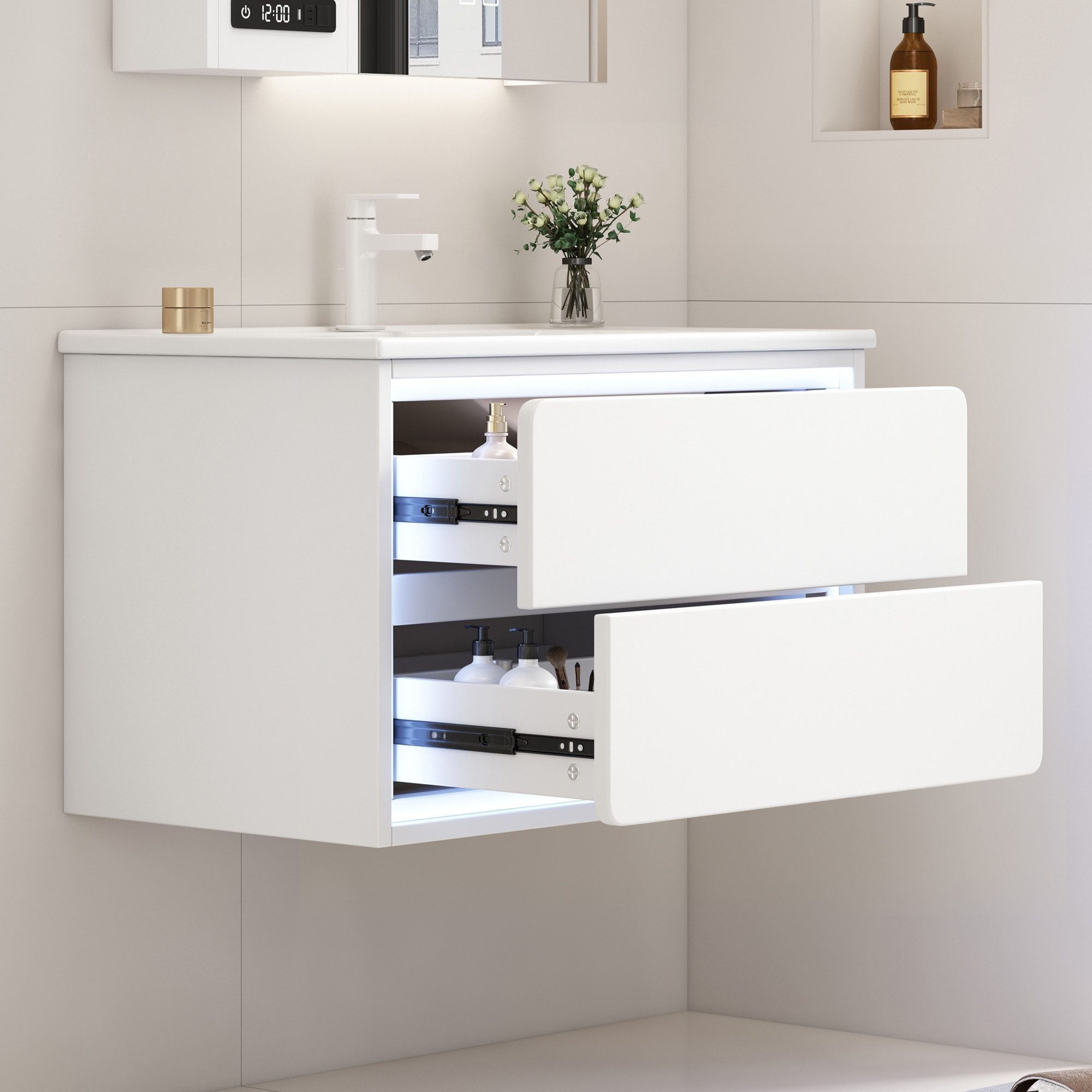Flieks Waschtisch mit LED-Radarsensor Waschbeckenunterschrank inkl. Waschbecken (B76/T46/H48,5 cm, 1-St., wandhängend, Badschrank mit Led-Beleuchtung Waschplatz Badzimmer), Badezimmerschrank mit 2 Schubladen Badmöbel-Set Volllackierung Weiß