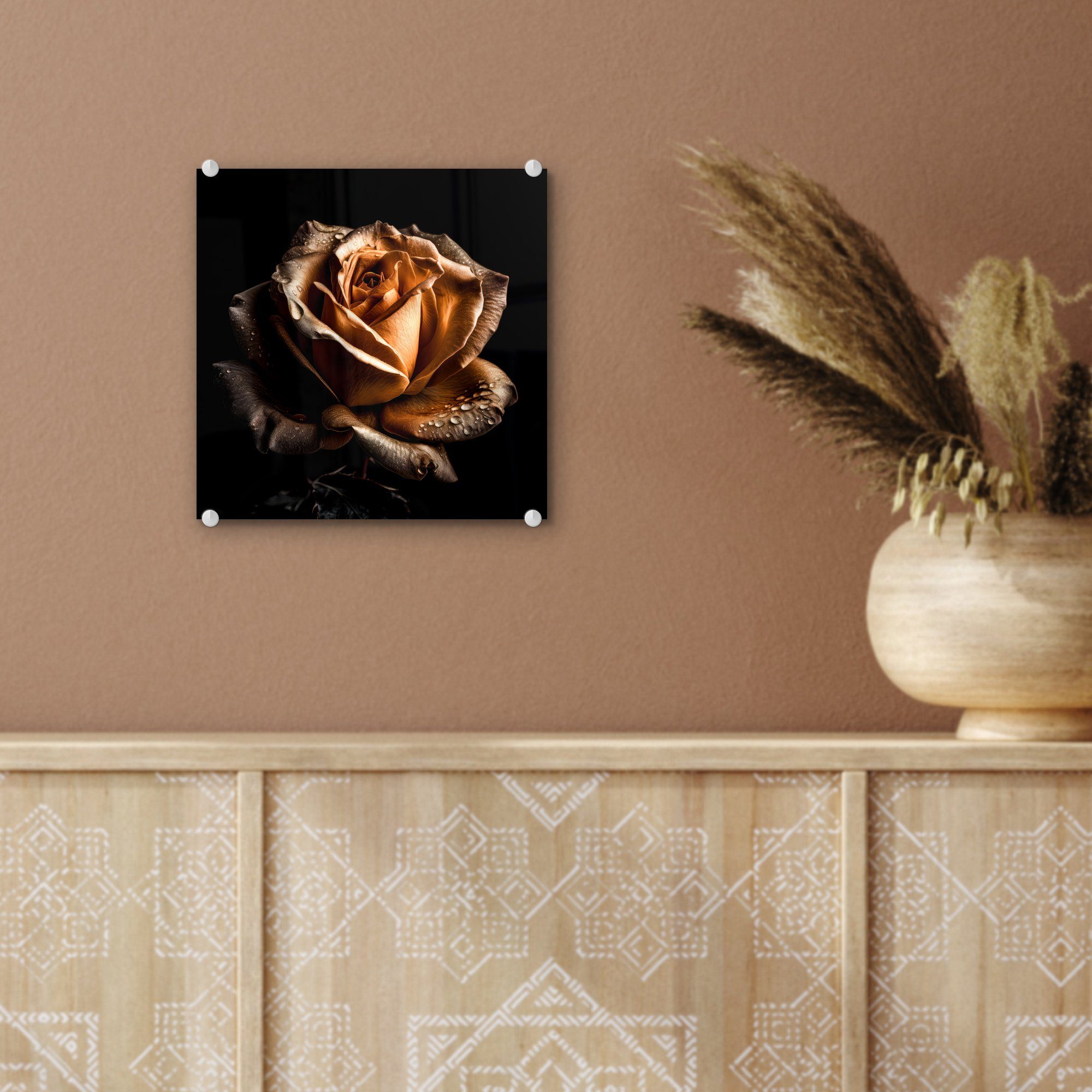 Bilder Rose Wanddekoration Botanisch - auf - MuchoWow Glas Gold Acrylglasbild (1 - - Wandbild Blumen Glas Schwarz, Foto - Glasbilder St), auf -