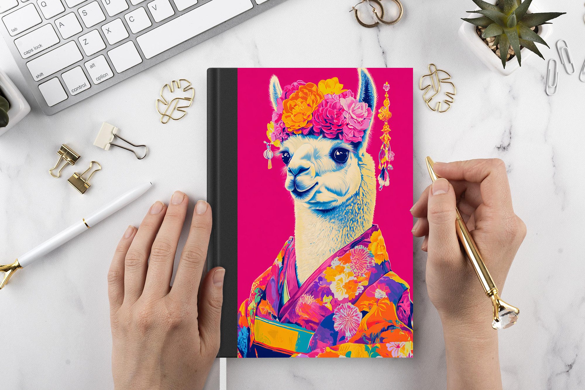 MuchoWow Notizbuch Lama - Kimono - Blumenkranz - Hellrosa, Notebook, Notizblock a5, Tagebuch, Journal Liniert