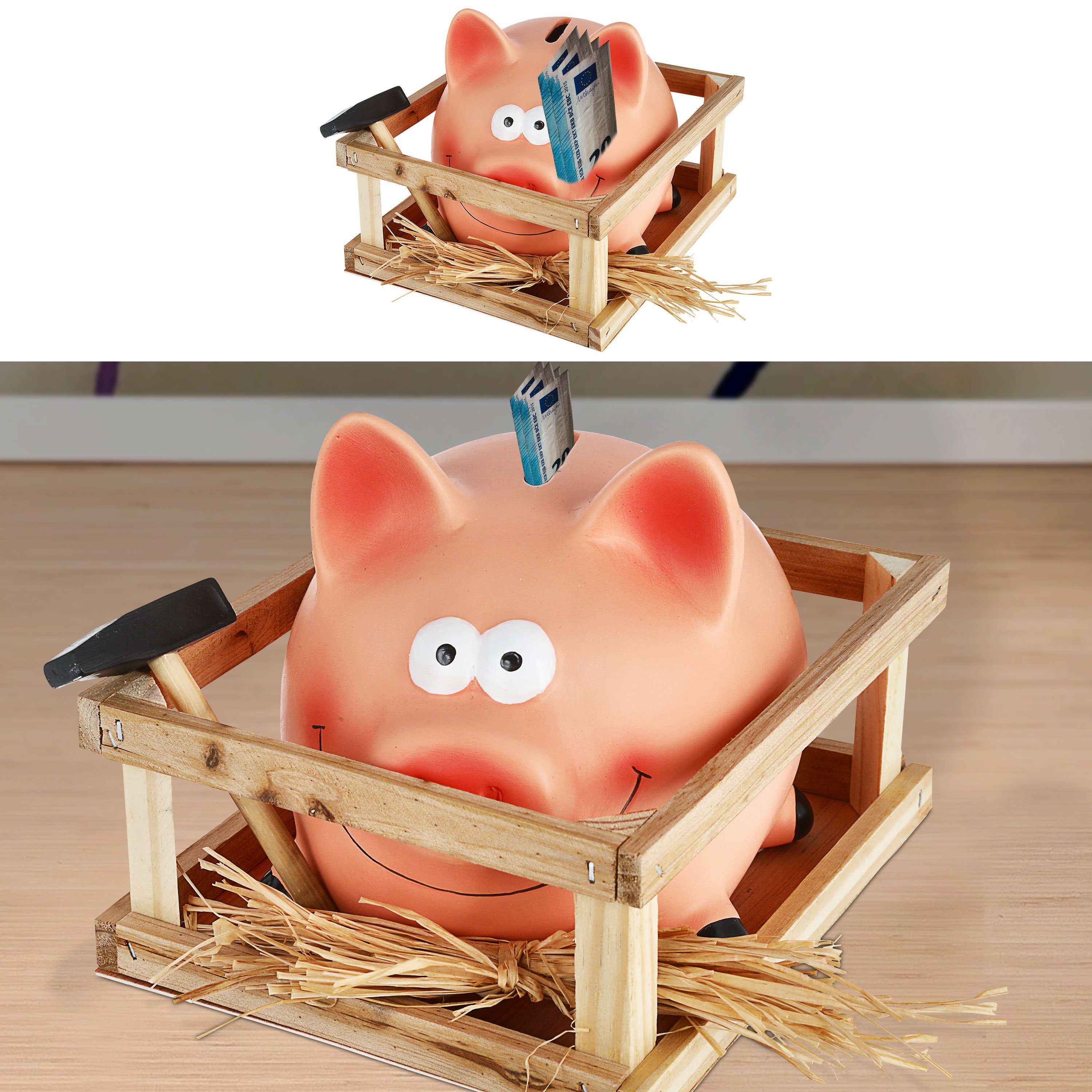 CEPEWA Spardose Sparschwein im Stall mit Hammer 14x12cm günstig online kaufen