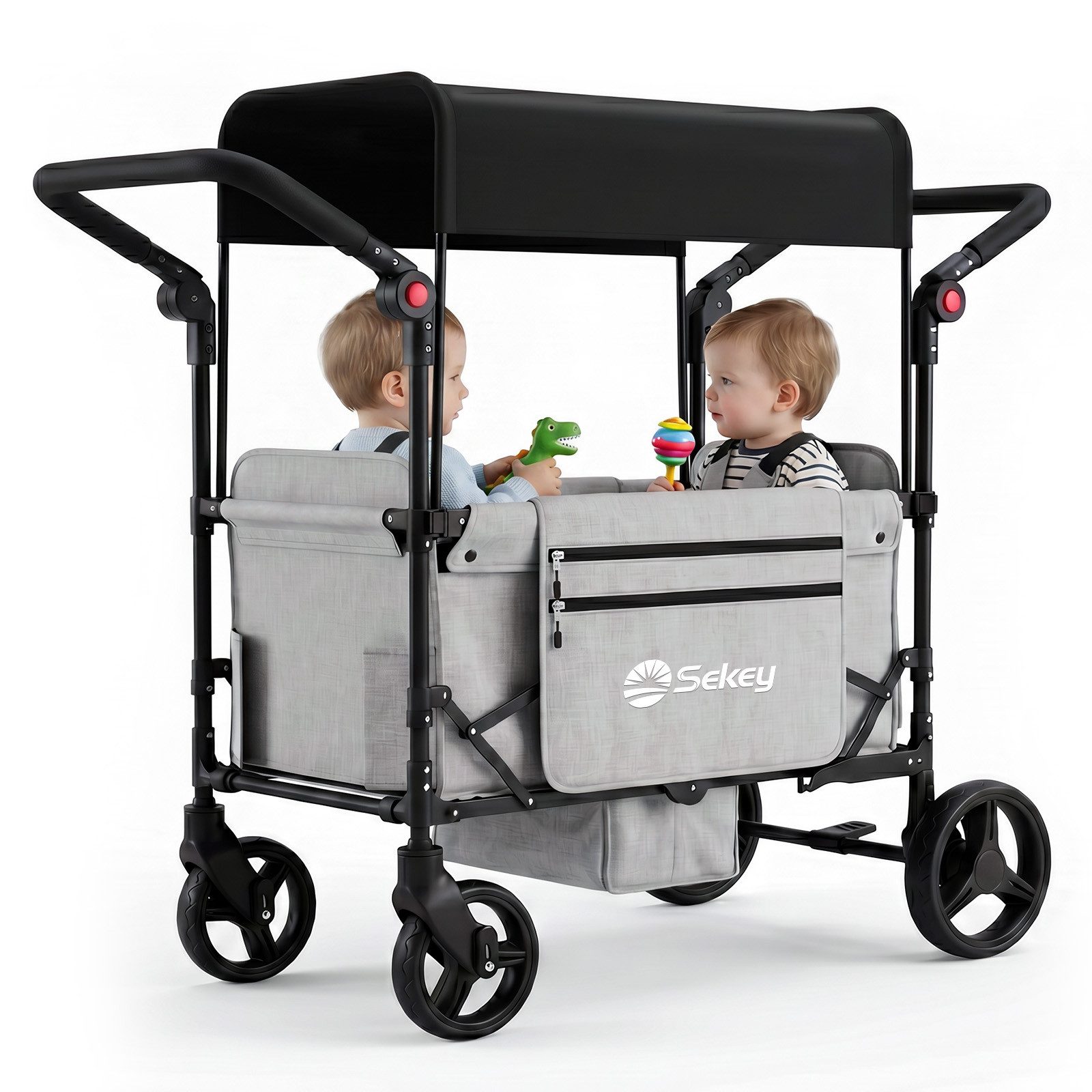 Sekey Bollerwagen Faltbar mit Dach, 1-2 Kinder Bollerwagen mit XXL-Rädern (24/20 cm), Flexibler Innenraum – Sitzen oder Liegen, mit 5-Punkt-Gurtsystem