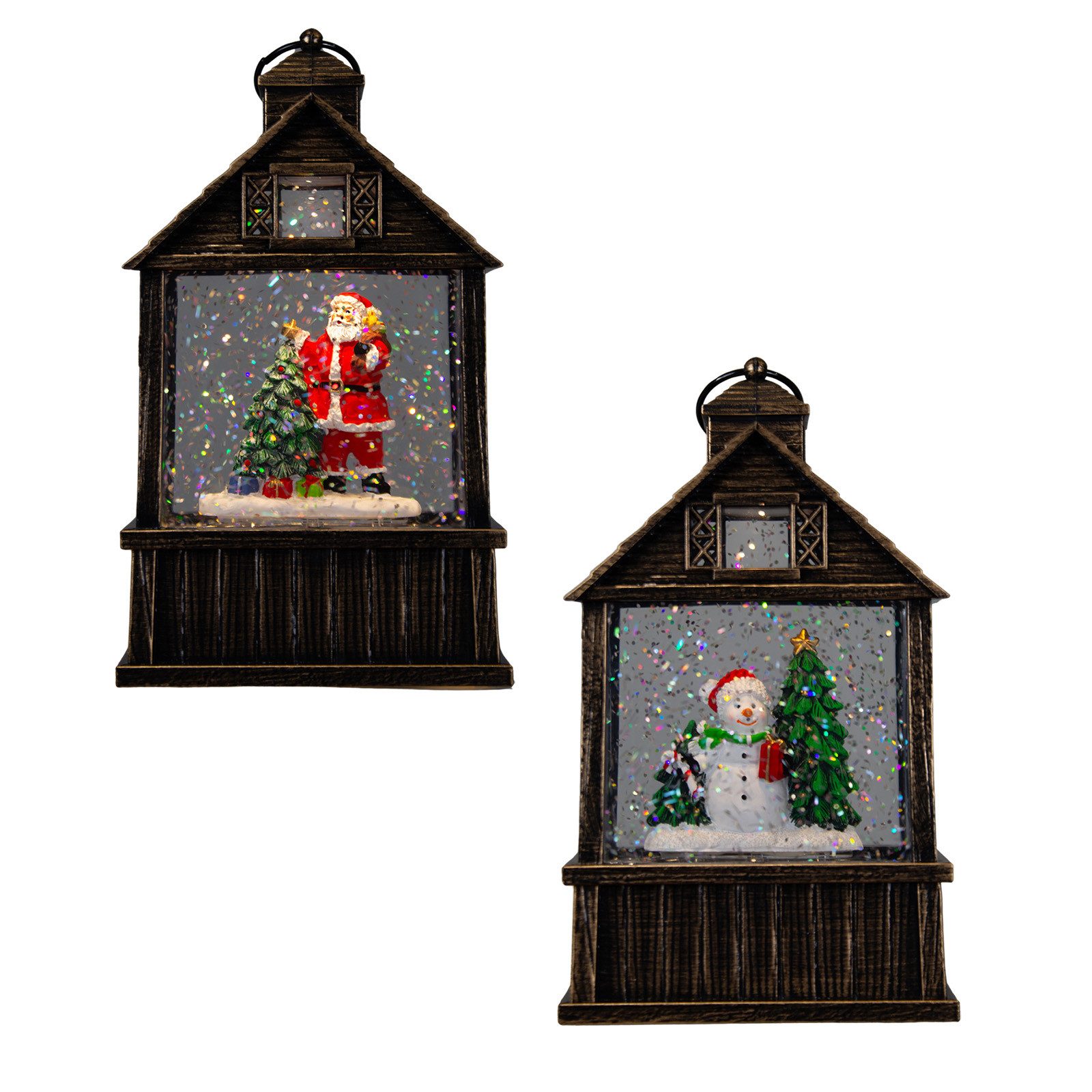 Christmas Paradise LED Laterne Schneelaterne 17cm mit Schneemann und Weihnachtsmann 2er Set, zuschaltbare Weihnachtsmusik, LED fest integriert, warmweiß, schneit im Inneren, bunt-bronze