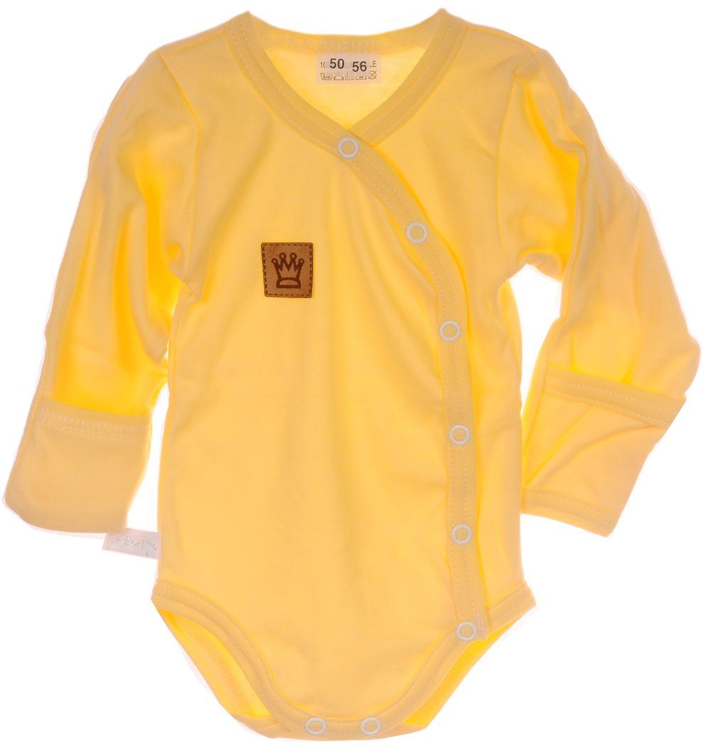 La Bortini Body Baby Langarmbody Wickelbody mit Kratzschutz in Gelb mit Krone aus reiner Baumwolle, 44 50 56 62 68 74 80 86 92 98 104