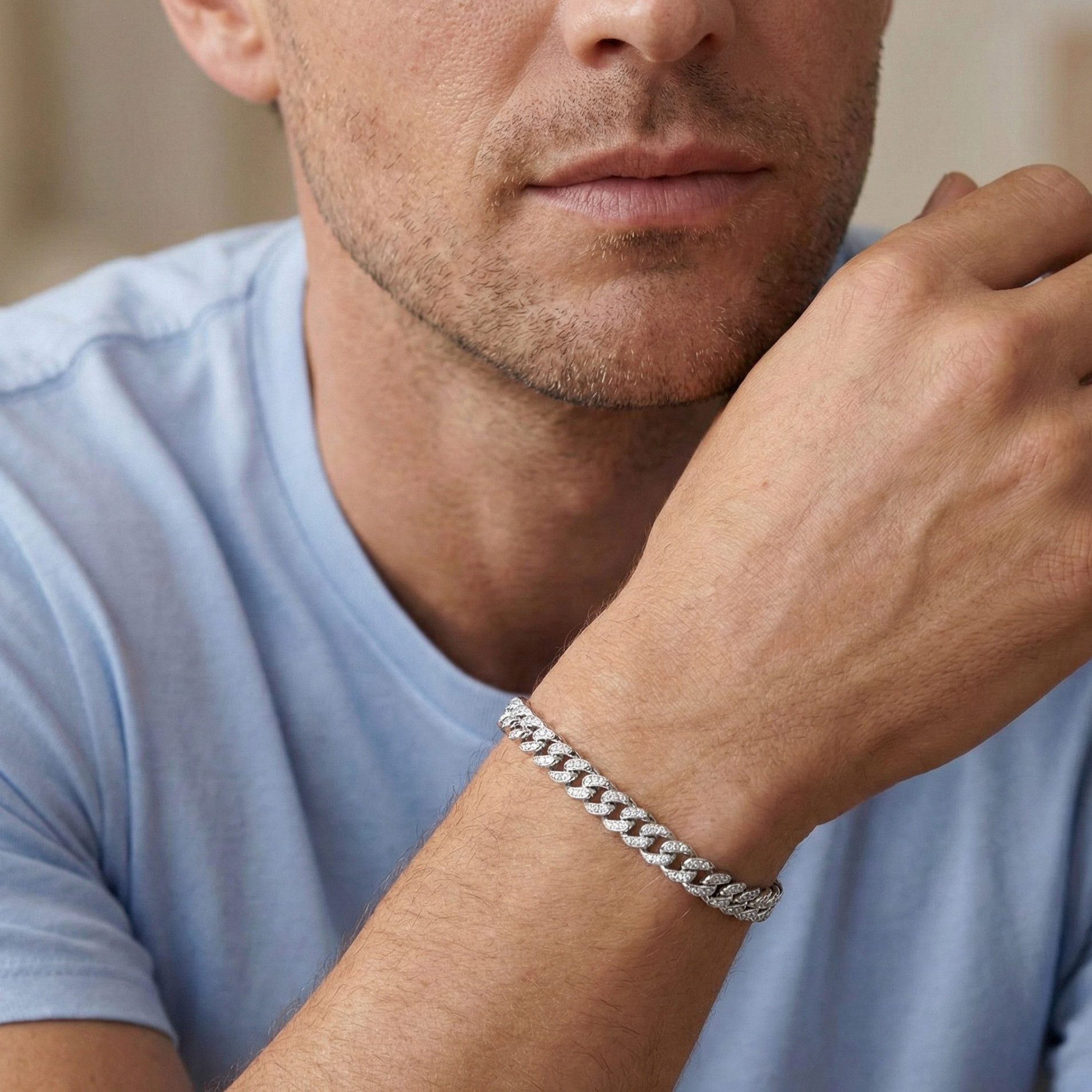 Tony Fein Silberarmband Panzerarmband 7 mm Zirkonia Weiß 925er Sterling Silber Massiv 18 cm, Rhodiniert Made in Italy für Damen und Herren