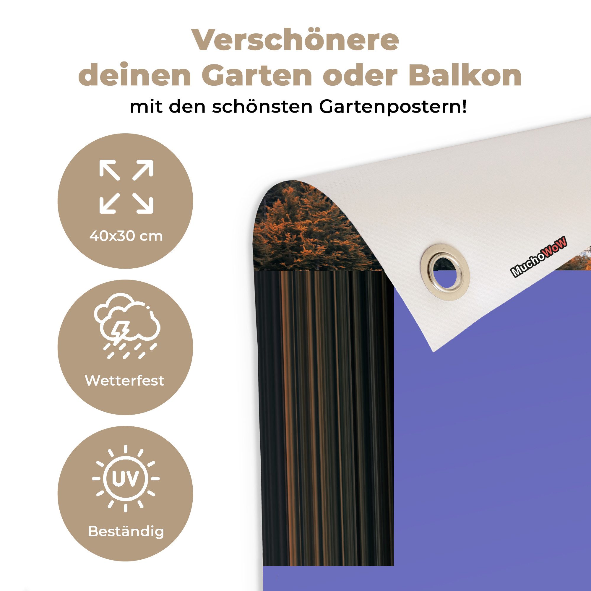 OnlyWow Poster für Garten Berg - Wald - Wasser - Himmel - Rosa - Lila, Gartenposter, Outdoor Bilder, Gartendekoration Bild, 40x30 cm