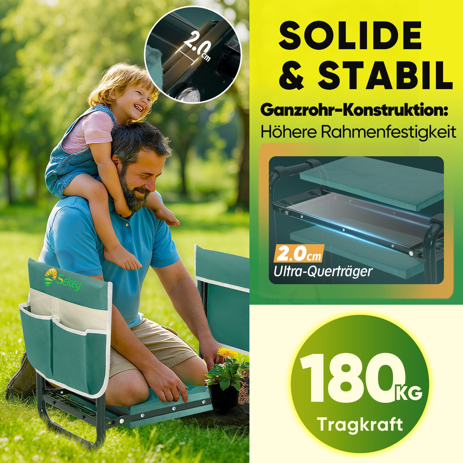 Sekey Kniebank Höhenverstellbare Kniebank Garten bis 180kg Gartenhocker Gartenarbeit, Kniekissen 36 x 20,5 cm mit Werkzeugtaschen, Handschuhen mit Krallen