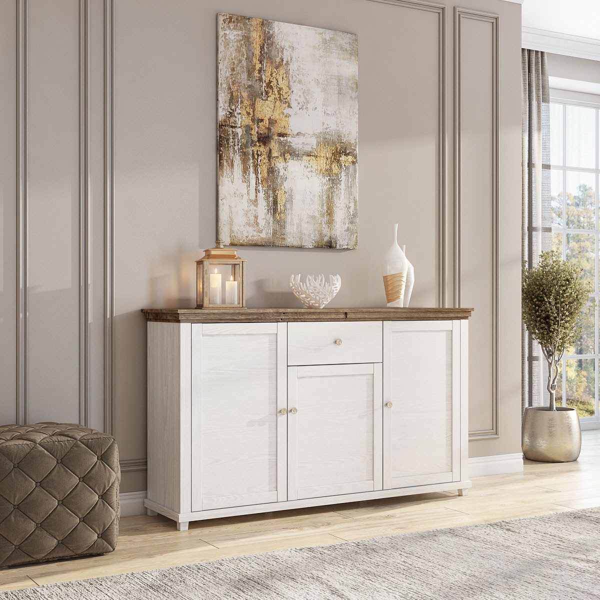 Helvetia Sideboard Elda (Evora, 1 St., 1-teilig), 160cm pinie weiß / Eiche Ribbek 3-türig mit 1 Schublade