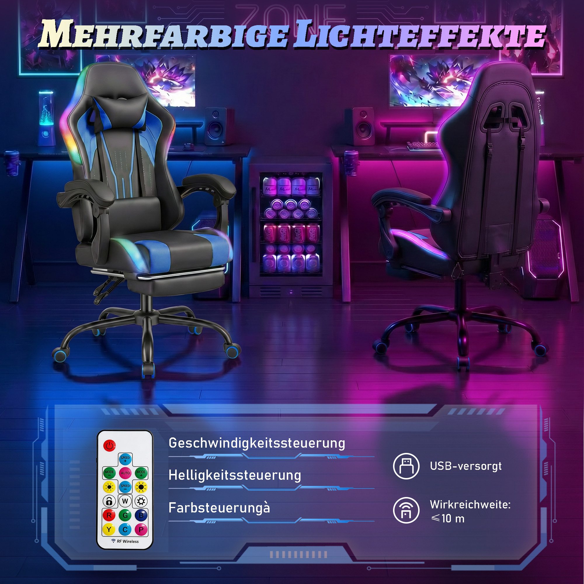 HOMALL Gaming-Stuhl mit LED,Ergonomisch,Fußstütze,computerstuhl,gaming stuhl mit massage, Ergonomischer Bürostuhl,Kopfstütze und Lendenstütze