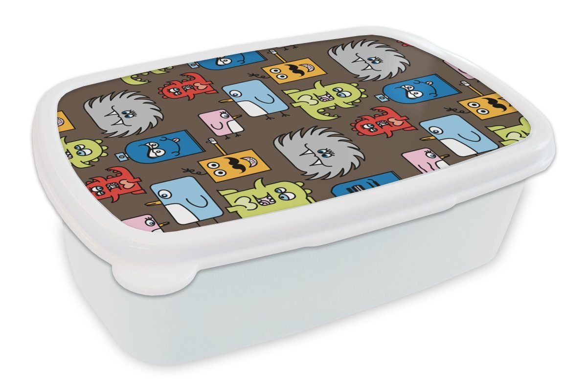 MuchoWow Lunchbox Muster - Monster - Tiere - Kinder - Kinder, Kunststoff, (2-tlg), Brotbox für Kinder und Erwachsene, Brotdose, für Jungs und Mädchen weiß