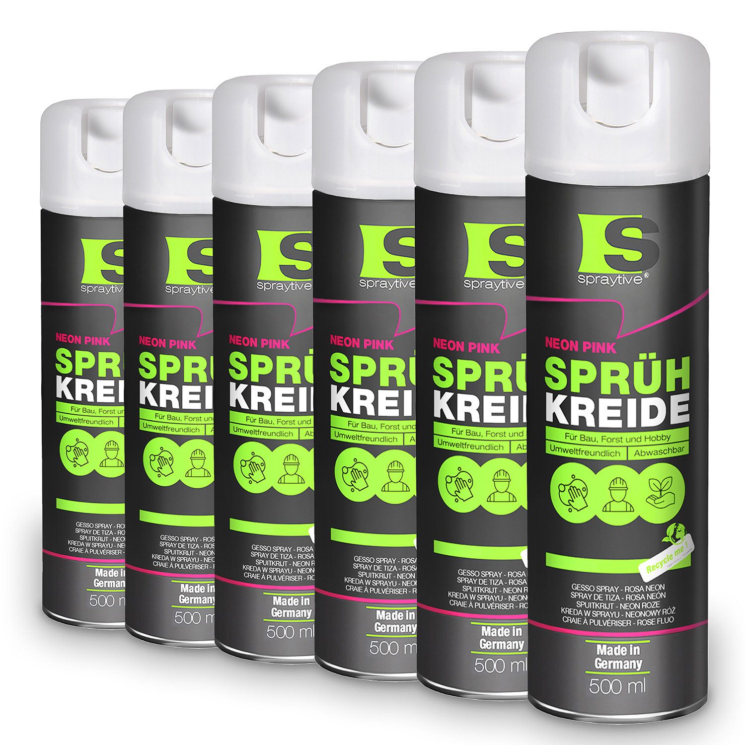 Spraytive Sprühfarbe 6x 500ml Sprühkreide neon-pink – abwaschbare leuchtende Kreidefarbe, Made in Germany