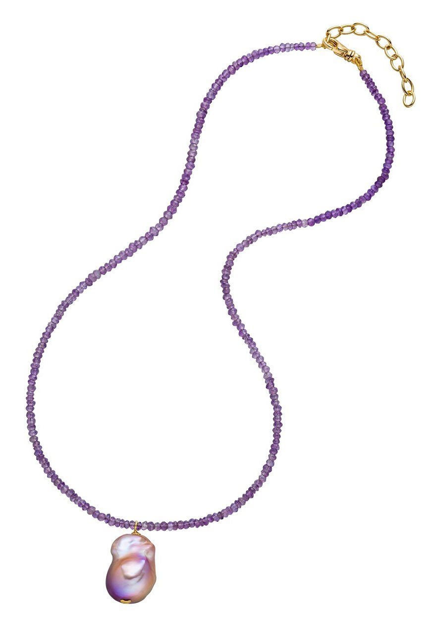 Firetti Kette mit Anhänger Schmuck Geschenk, Steinkette mit Perle, Made in Germany - mit Amethyst oder Citrin - mit Süßwasserzuchtperle