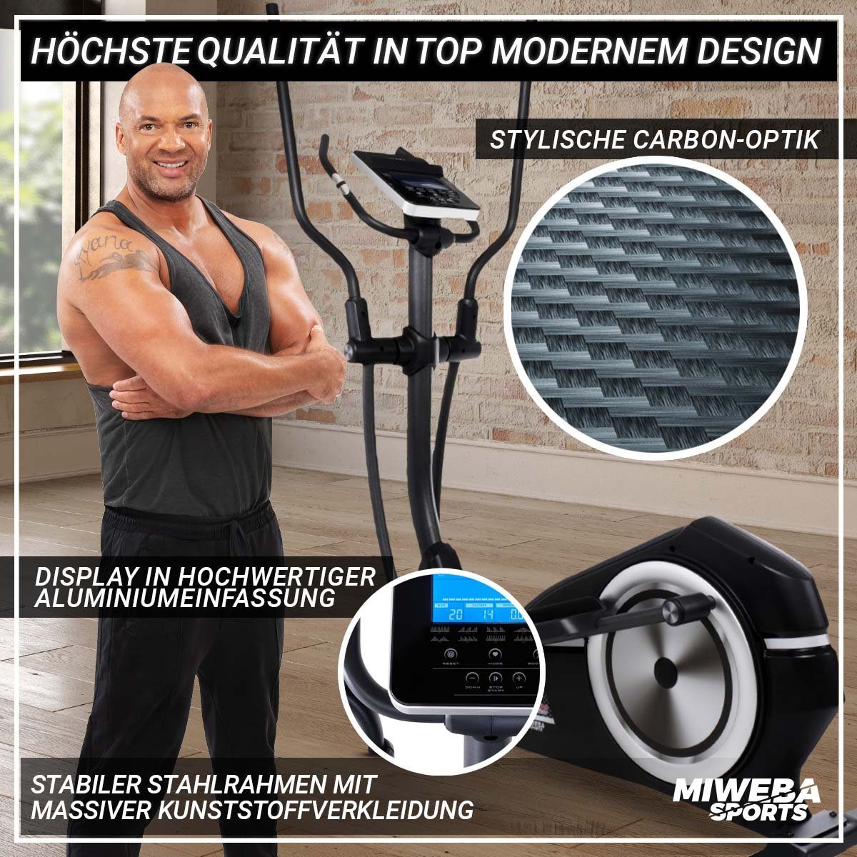 Miweba Sports Ellipsentrainer + 27 zu Heimtrainer kompatibel, & Fitnessgeräte kg Tablet- Transportrollen, Polar-Uhr Cardio Schwungmasse & kg Zwift (32 Crosstrainer Profi Carbon-Optik), und Sportgerät max. verstellbar, Trainings 150 Beintrainer Streaming-Funktion, MC400 hause, Smartphonehalter, Intensitätsstufen, Programme, am Benutzergewich, Magnetbremse für Pulsmesser, Sportgeräte Sensoren Lenker App 10 - 1-tlg., Fitnessgerät