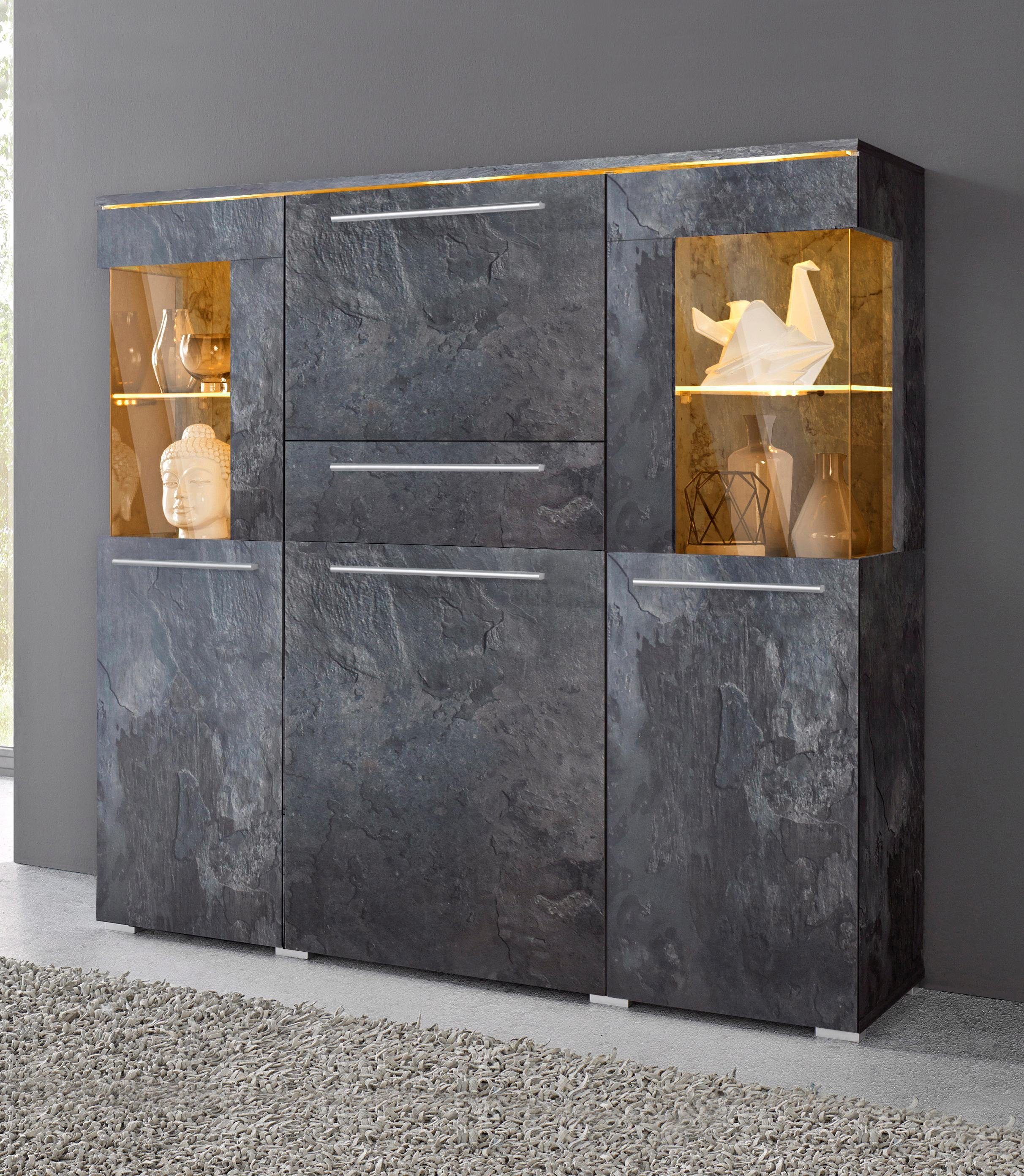 OTTO home Highboard India,Breite 130cm, stilvolle Hochkommode 3Türen, Klappe und Schublade, Hochschrank viel Stauraum, Einlegeböden verstellbar,ohne Beleuchtung