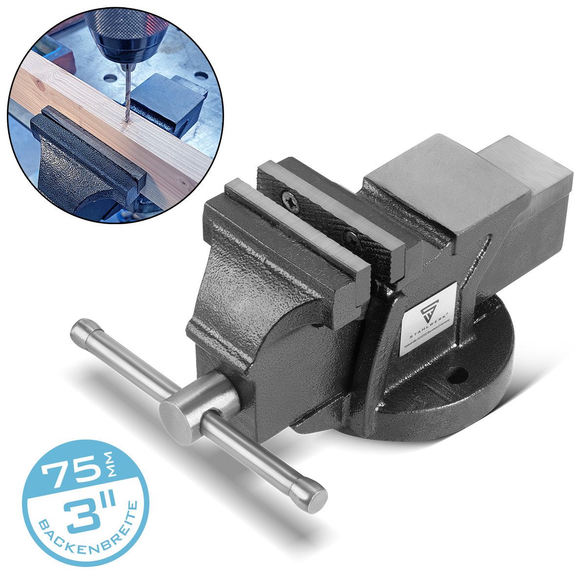 STAHLWERK Schraubstock Schraubstock BV-75 ST aus Gusseisen, Packung, 1-St., Einzel, Tischschraubstock mit Amboss