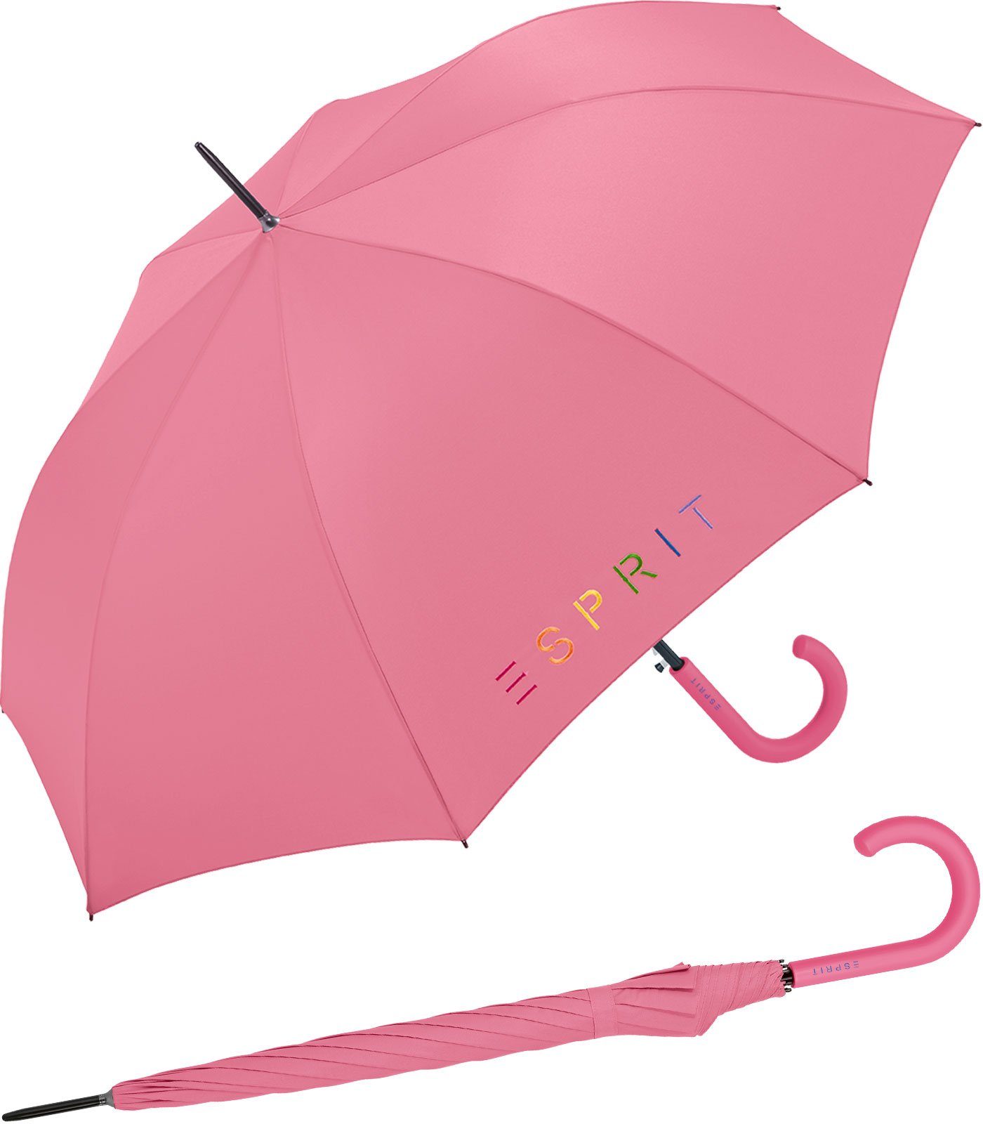 Esprit Langregenschirm Damen-Regenschirm Colorful Logo, bunt bedruckt mit Esprit-Schriftzug rosa