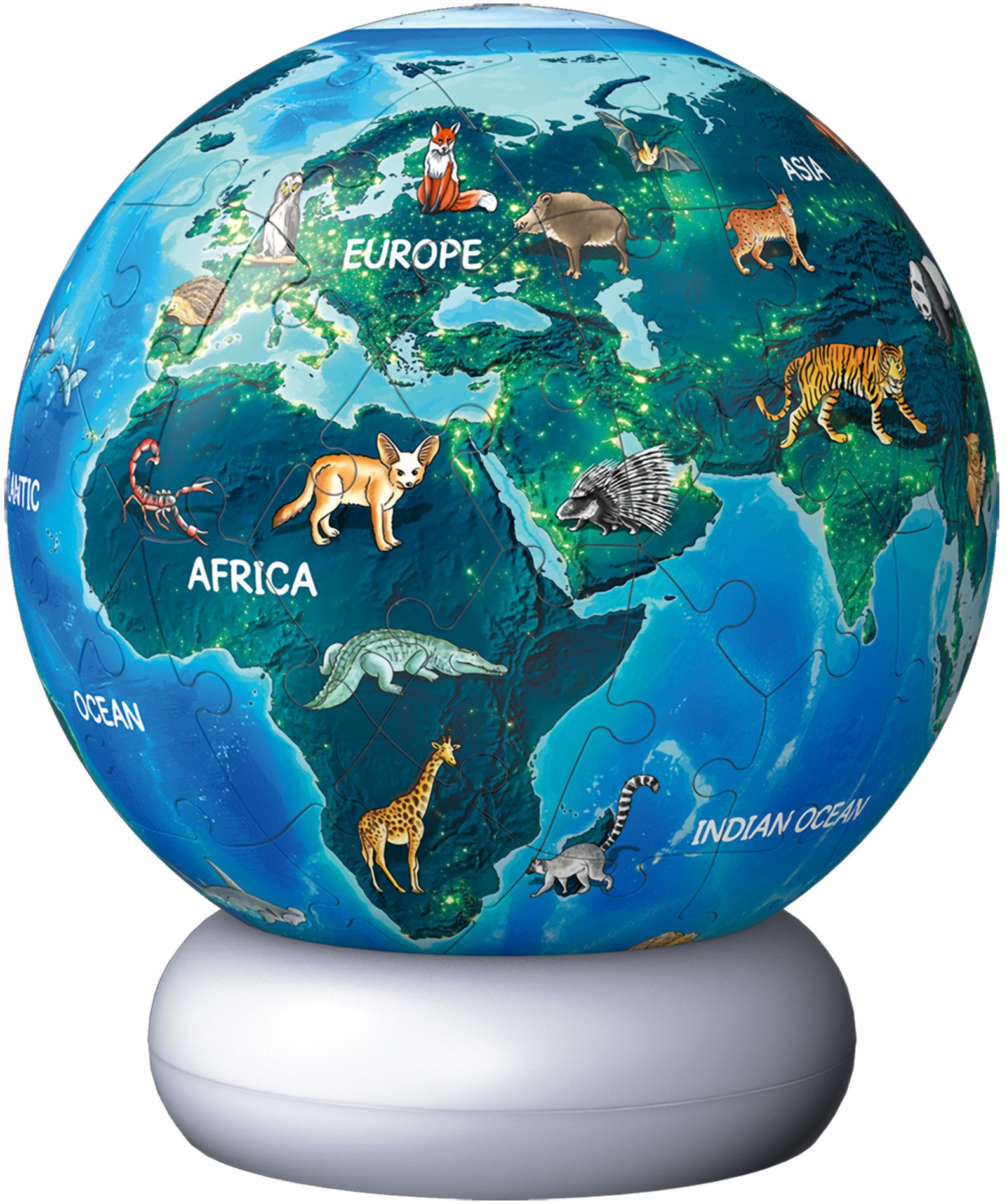 Ravensburger Puzzleball Nachtlicht Erde mit Tiermotiven, 72 Puzzleteile, beleuchtet