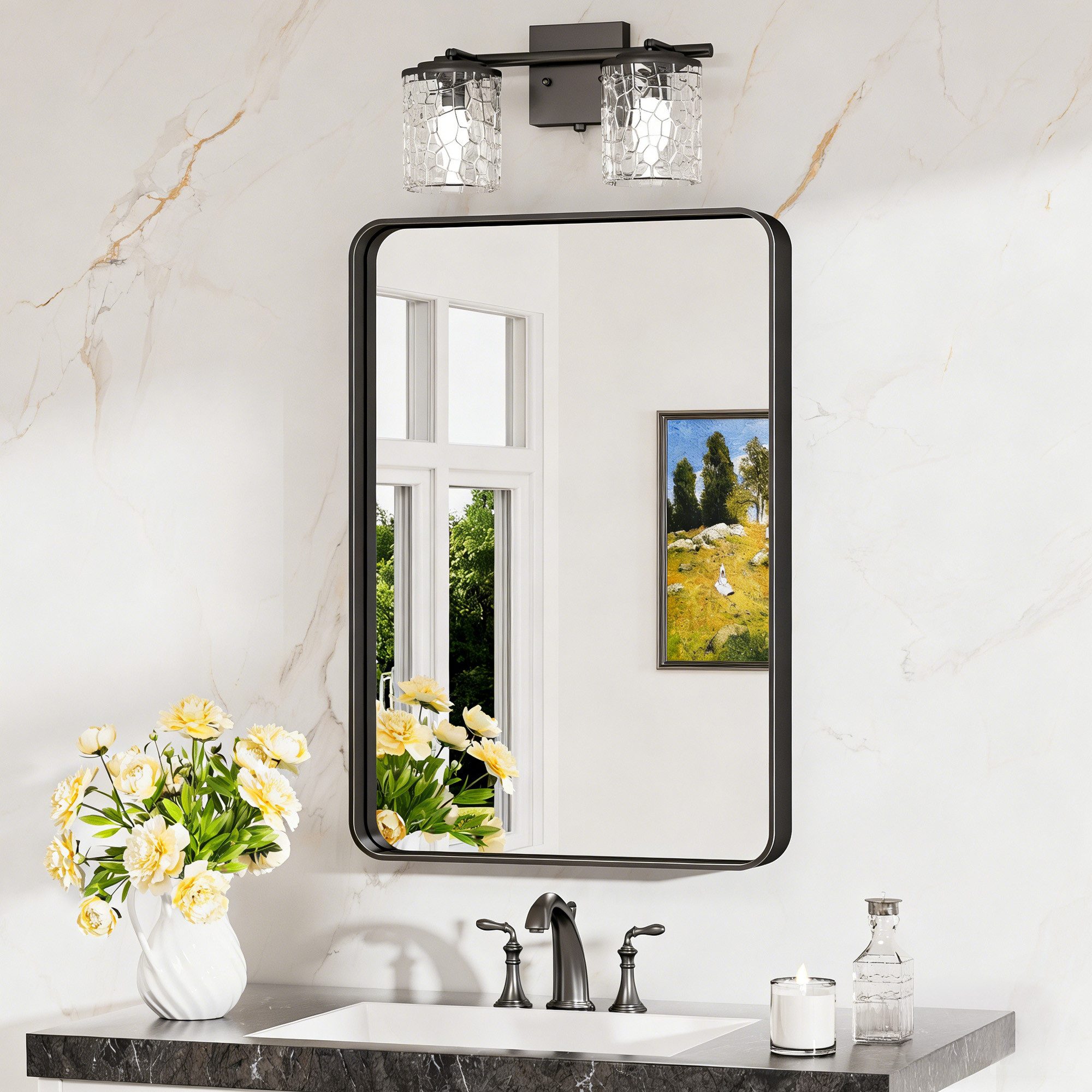 Keonjinn Wandspiegel Badezimmer Spiegel mit Metallrahmen, Gehärtetem Glas Badspiegel (Montage quer & hoch), Rechteckiger Spiegel für Badezimmer, Wohnzimmer, Schlafzimmer