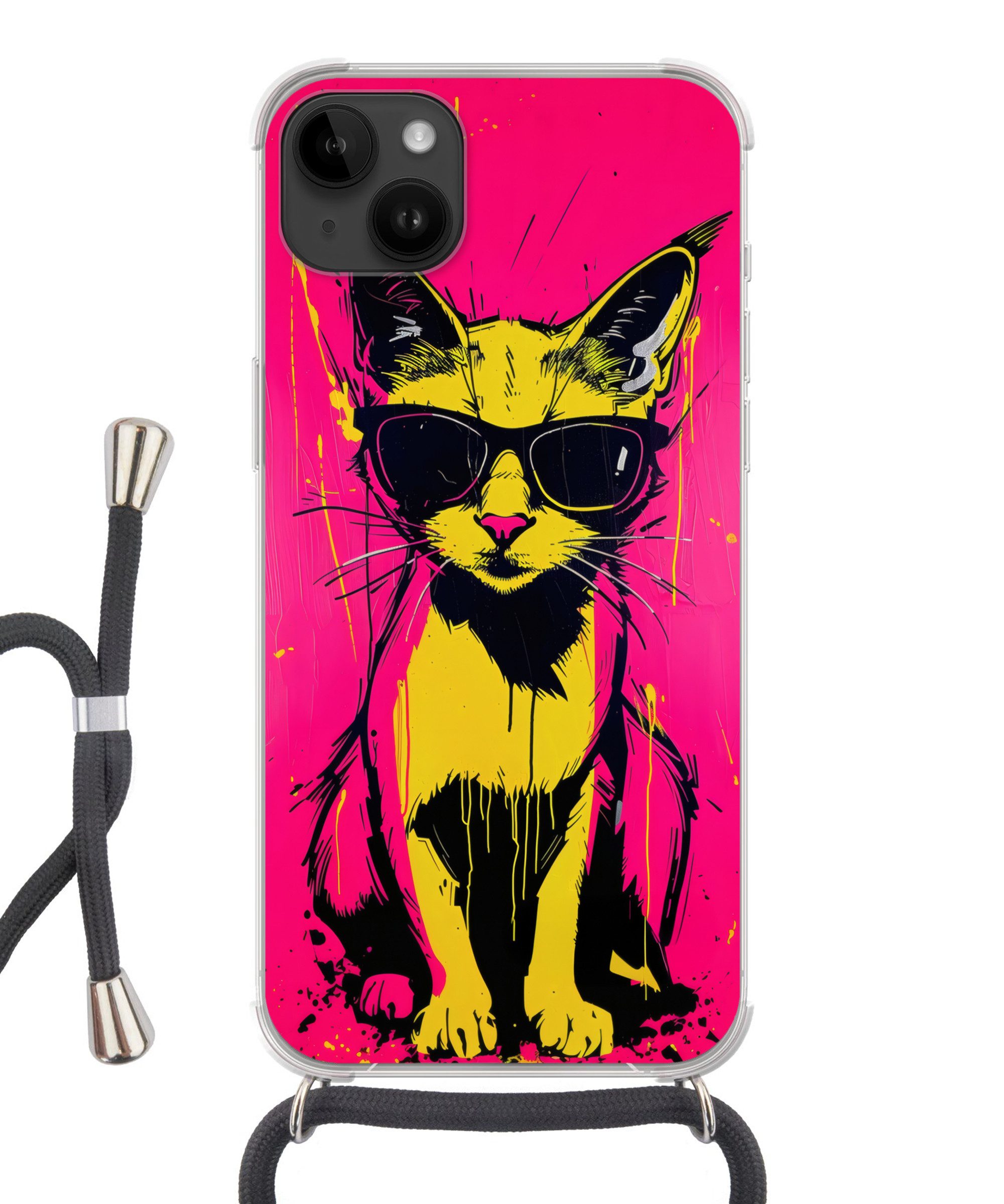 MuchoWow Handyhülle für Apple iPhone 14 Max Katze - Kunst - Sonnenbrille - Rosa, Tragbare Handyhüllen mit Kette zum umhängen, Handykette Handyband