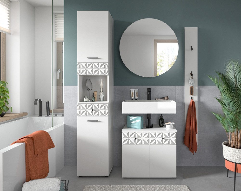 Furnhaus Vitrine Badezimmer-Set Prisma 3, weiß / weiß Hochglanz, 4-teilig (4-St) Badmöbel, Badkombination