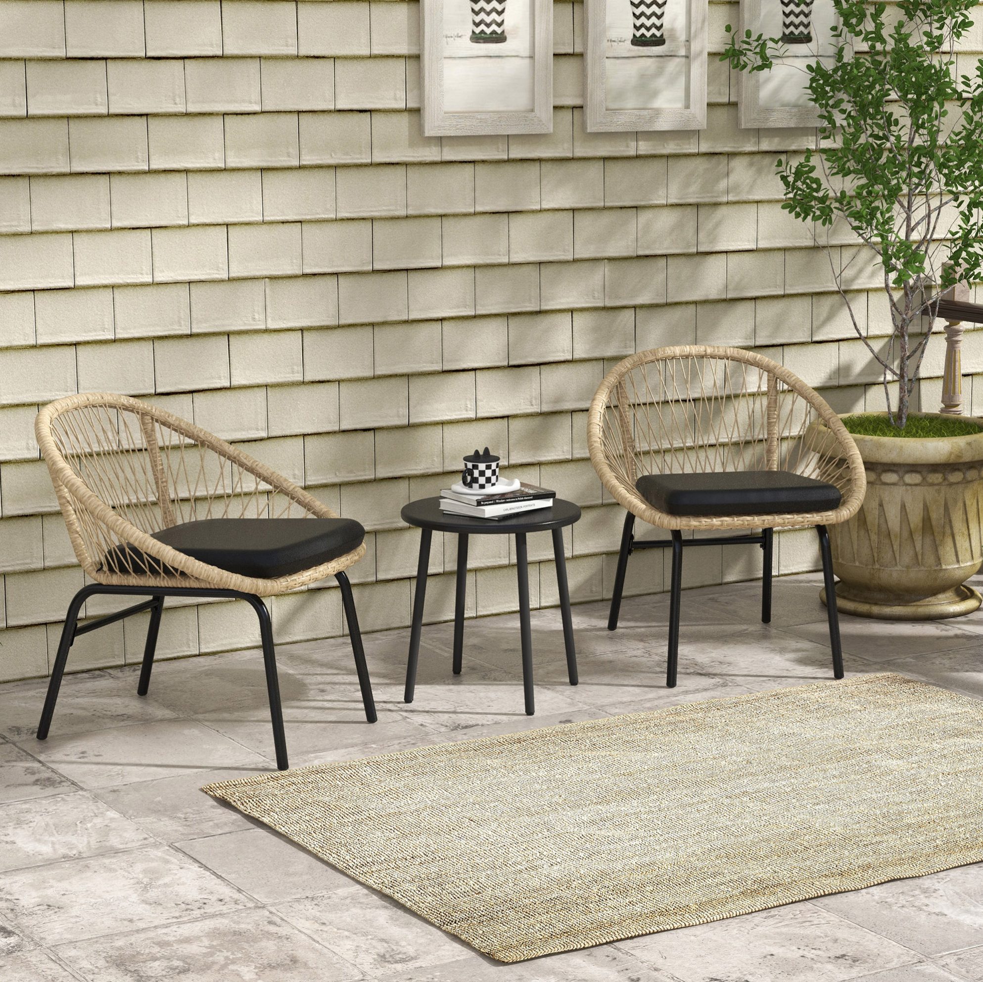 REDOM Sitzgruppe Rattan Balkonmöbel-Set 3-teilig mit Couchtisch, 40x40x45 cm, (Set, 3-tlg., Gelbes Möbelset aus Polyester-Geflecht für den Außenbereich), 2 Gartenstühle inklusive Sitzkissen für entspannte Stunden