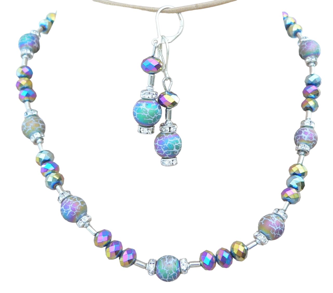 Schmuckset 156i 2er Set Collier Ohrringe Perlen krakelee multicolor Strass