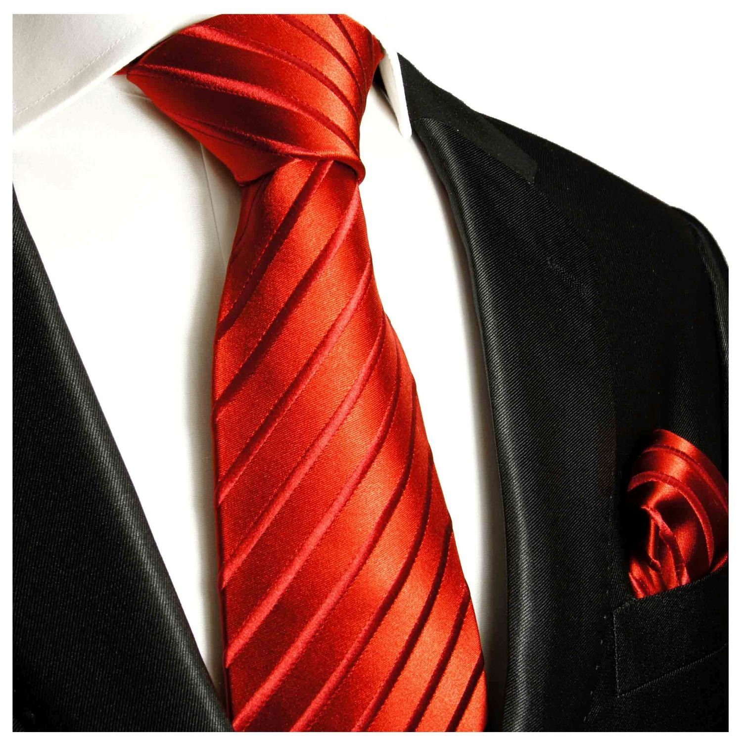 Einstecktuch) Breit Seidenkrawatte (8cm), Seide Herren Schlips (Set, gestreift Krawatte 100% 2-St., 441 und rot Tuch uni modern Malone Krawatte Paul mit