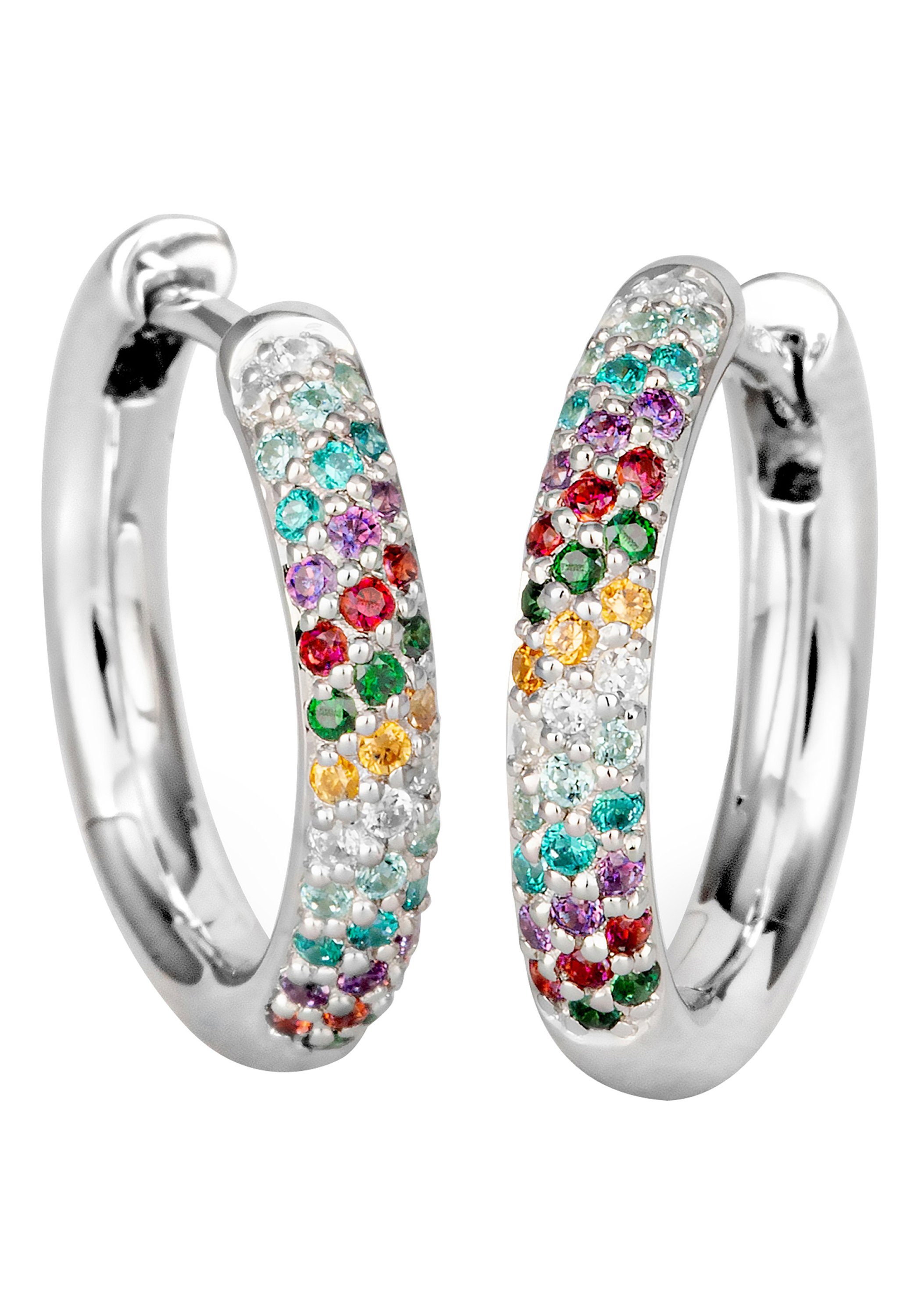 JOBO Paar Creolen, 585 Weißgold mit 74 bunten Diamanten