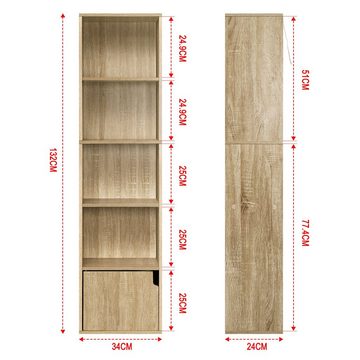 EUGAD Bücherregal, 1-tlg., mit 5 Fächern 1 Tür aus MDF, 34x132x24cm