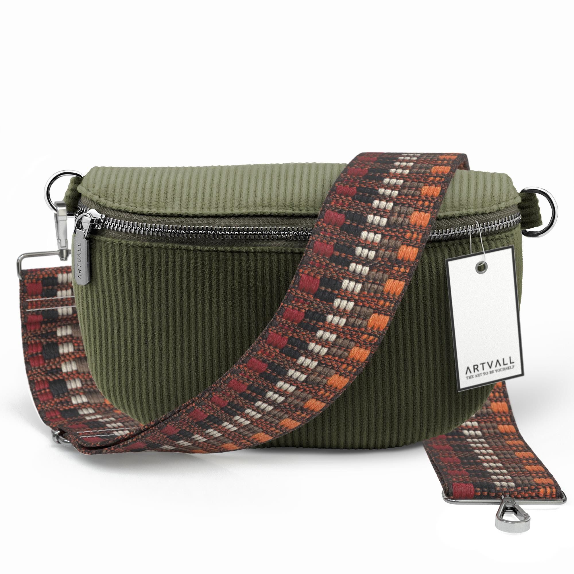 ARTVALL Umhängetasche Cord Handtasche Brusttasche Crossbody Bag Olivgrün (Tasche inkl. Taschenband), Bauchtasche Cord weich mit Schultergurt abnehmbar Hüfttasche Klein