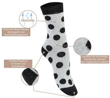 Paolo Renzo Langsocken (5-Paar) Atmungsaktive Damen Socken gemustert / Frauen Casual Socken gepunktet oder geringelt aus hochwertiger Baumwolle