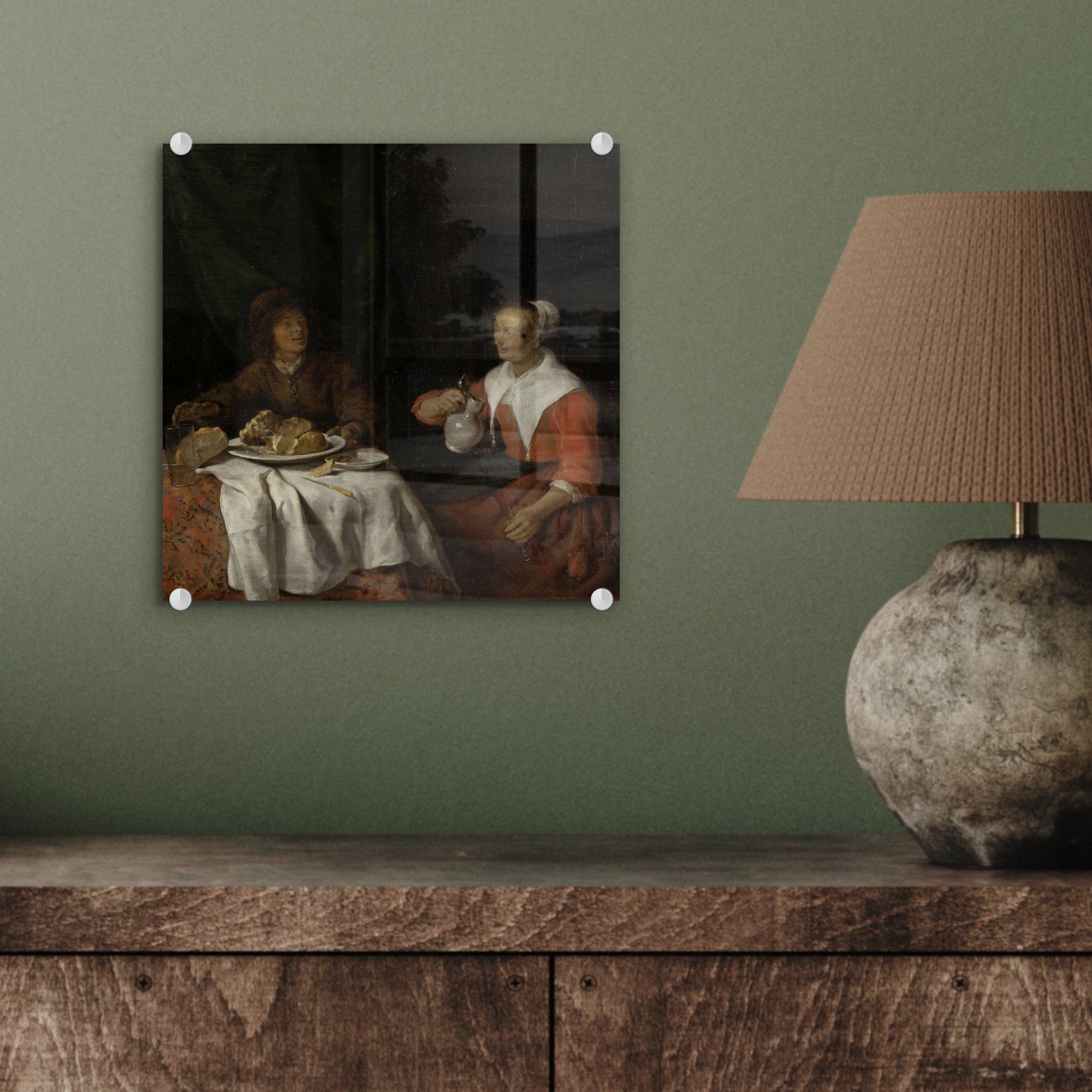 Acrylglasbild Foto (1 Wanddekoration auf Gabriel Glasbilder Mahlzeit Bilder - MuchoWow Glas - von Mann auf Glas bei einer Gemälde und Metsu, - - Wandbild St), Frau
