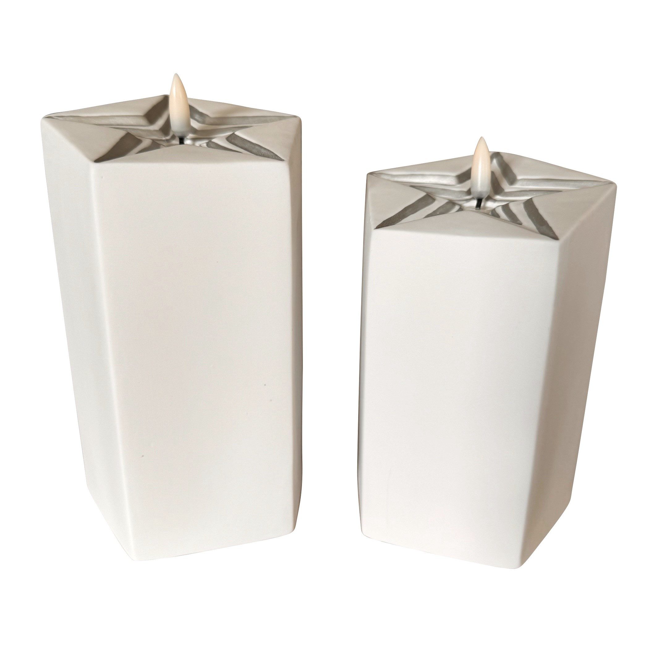 Online-Fuchs LED-Kerze 2er Set Kerzen aus Keramik in Sternform mit Timer (Silber und Roségold, 15 und 18 cm groß), Dekoration für Weihnachten - 6-Stunden Timerfunktion