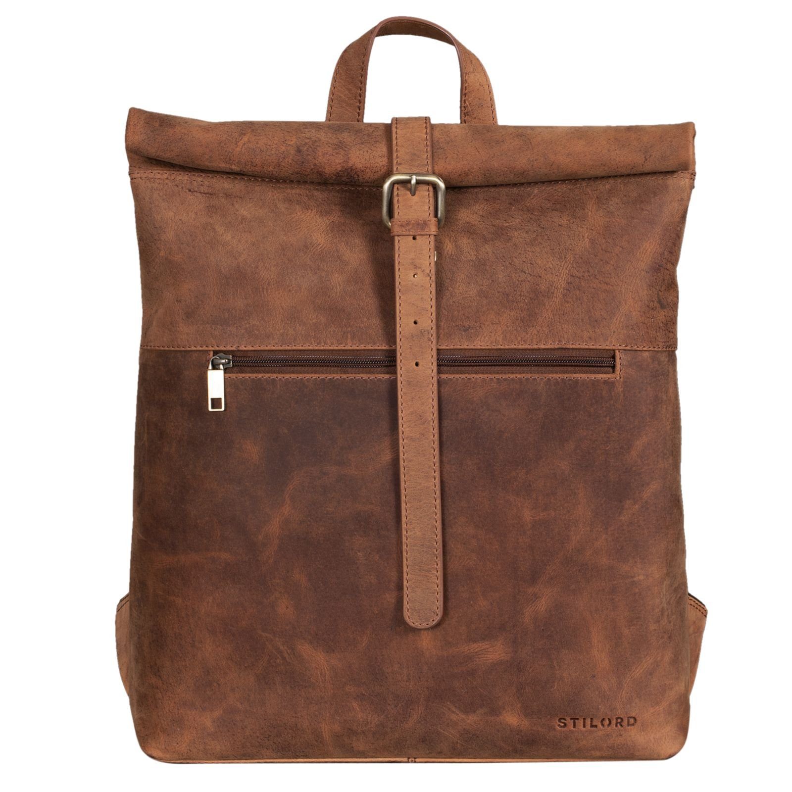 STILORD Notebook-Rucksack "Lance" Fahrradrucksack Leder Roll-Top Rucksack