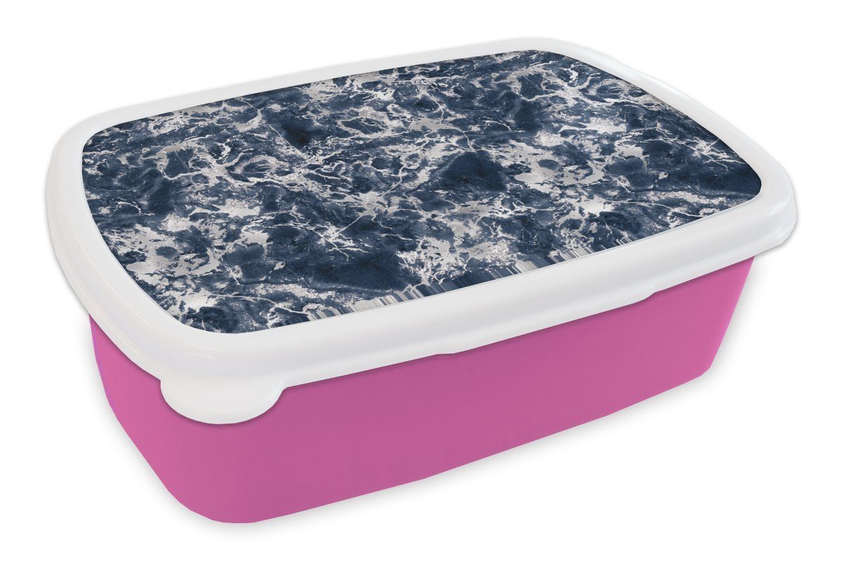 MuchoWow Lunchbox Silber - Marmor - Muster - Blau, Kunststoff, (2-tlg), Brotbox für Erwachsene, Brotdose Kinder, Snackbox, Mädchen, Kunststoff rosa