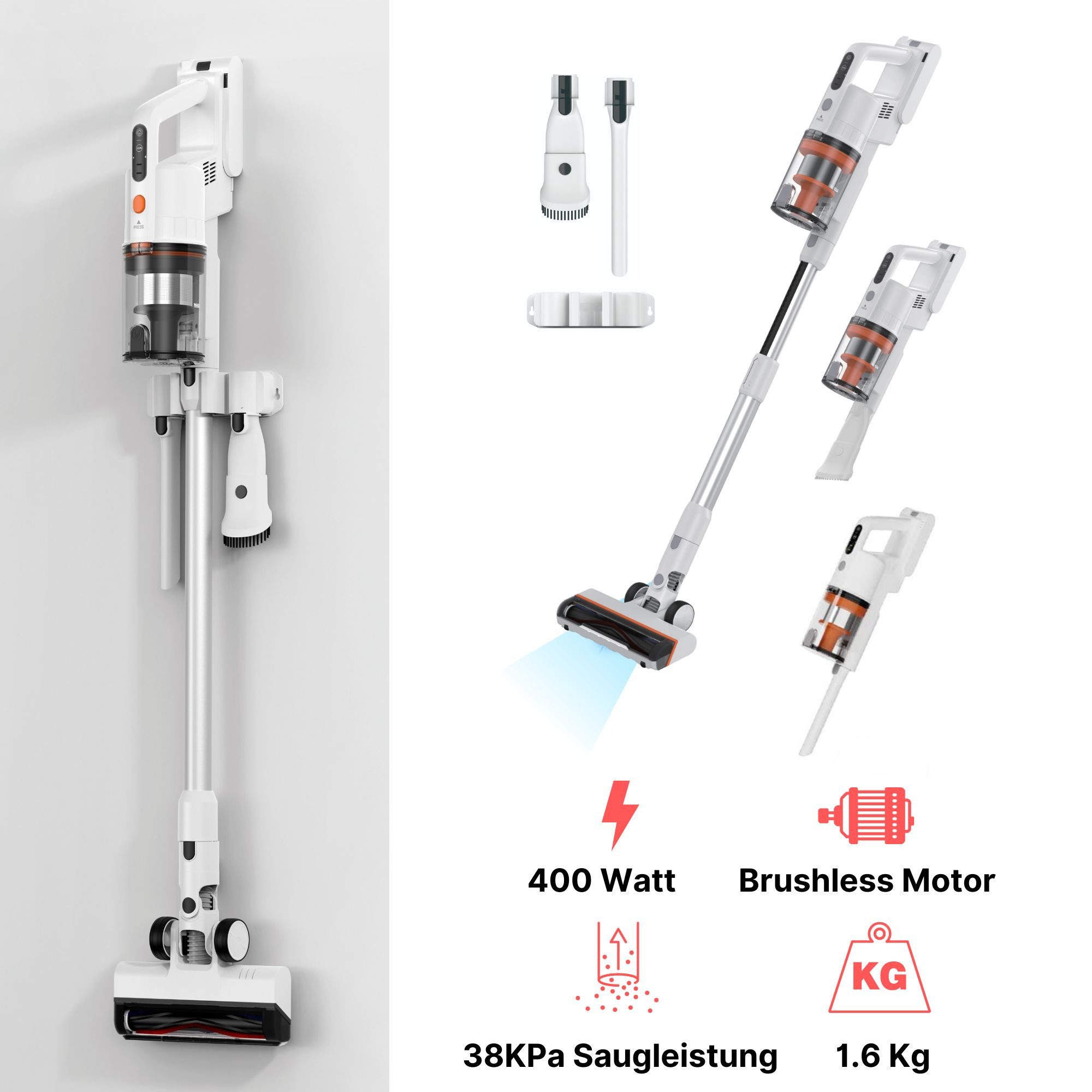 KB Elements Hand-und Stielstaubsauger Kabelloser Staubsauger, Akku Staubsauger, Stielstaubsauger akku, 400,00 W, Beutellos, Beutellos, Bürstenloser Motor, 90-180 grad Bodenbürste, 1,6 Kg