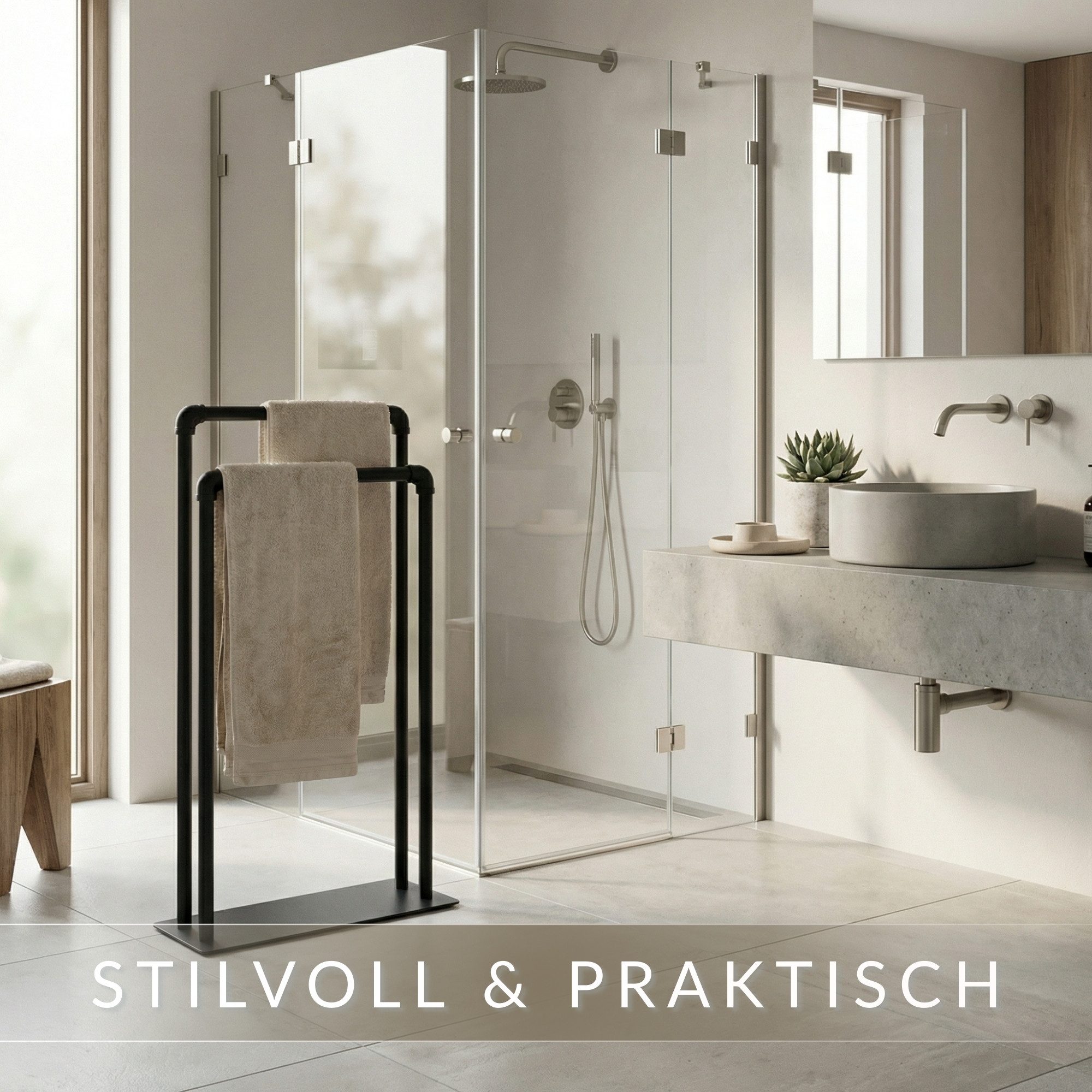 Libaro Handtuchständer freistehend mit 2 Armen PALERMO ohne Bohren fürs Badezimmer, Handtuchhalter stehend schwarz matt, 2 Handtuch-Stangen