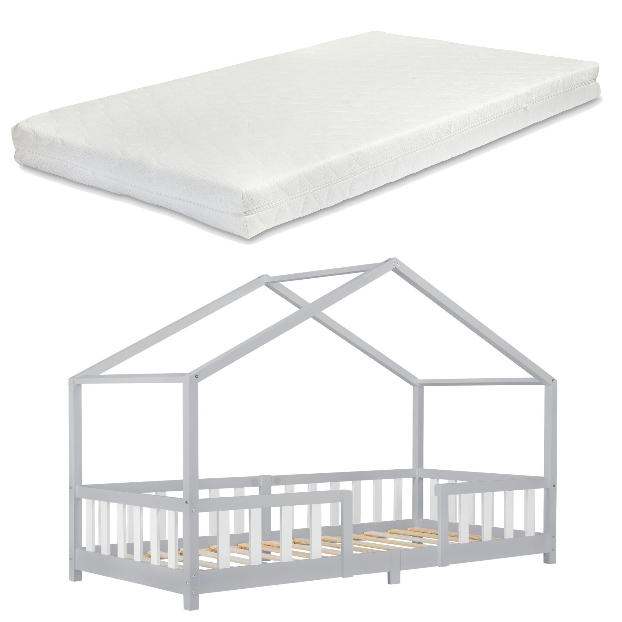 en.casa Kinderbett (Bett und Matratzen), »Treviolo« Hausbett mit Matratze Hellgrau / Weiß 90x200 cm