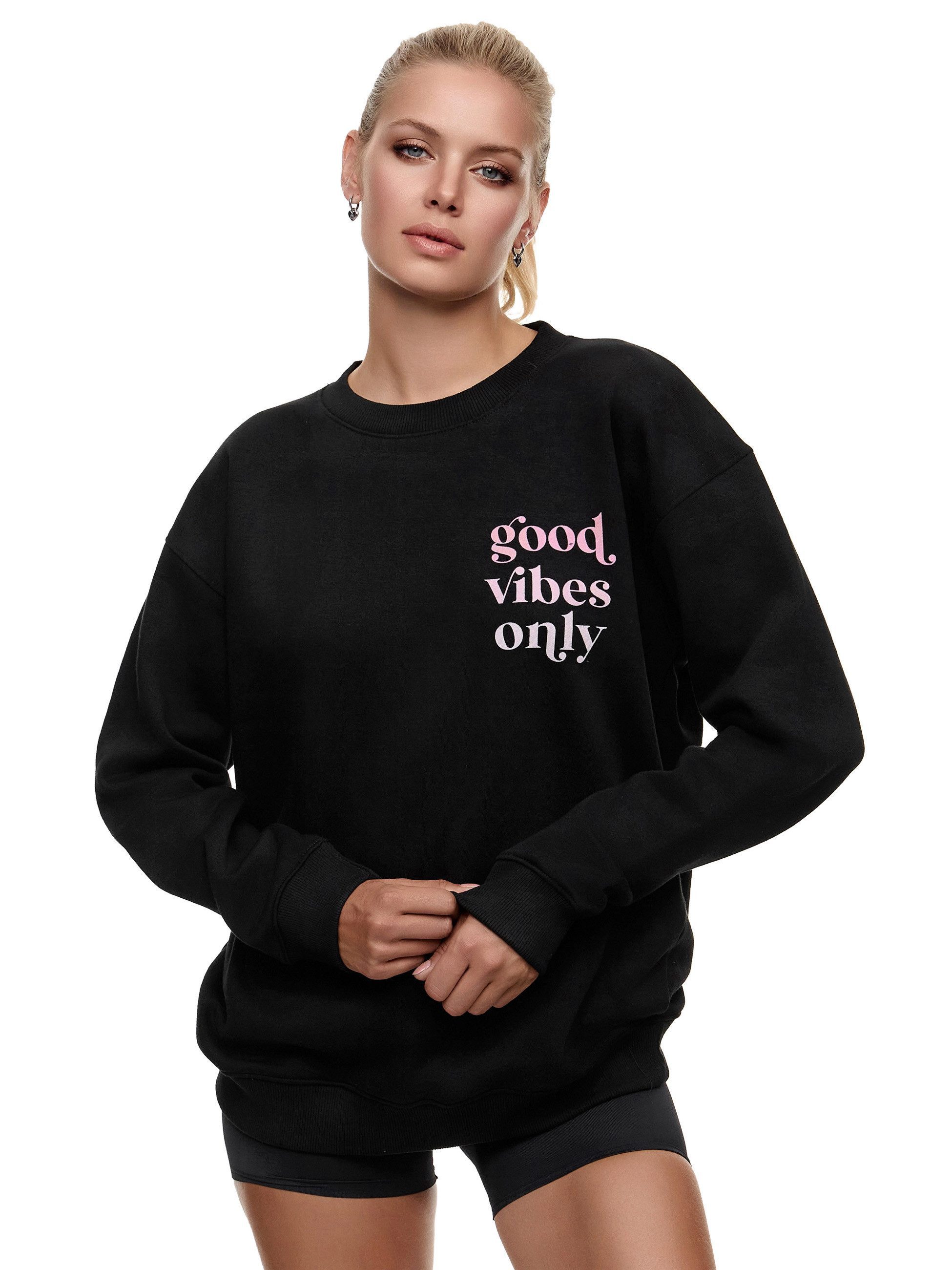 Worldclassca Sweatshirt Worldclassca Oversized Sweatshirt Good Vibes Print Langarm Pullover Freizeit Shirt