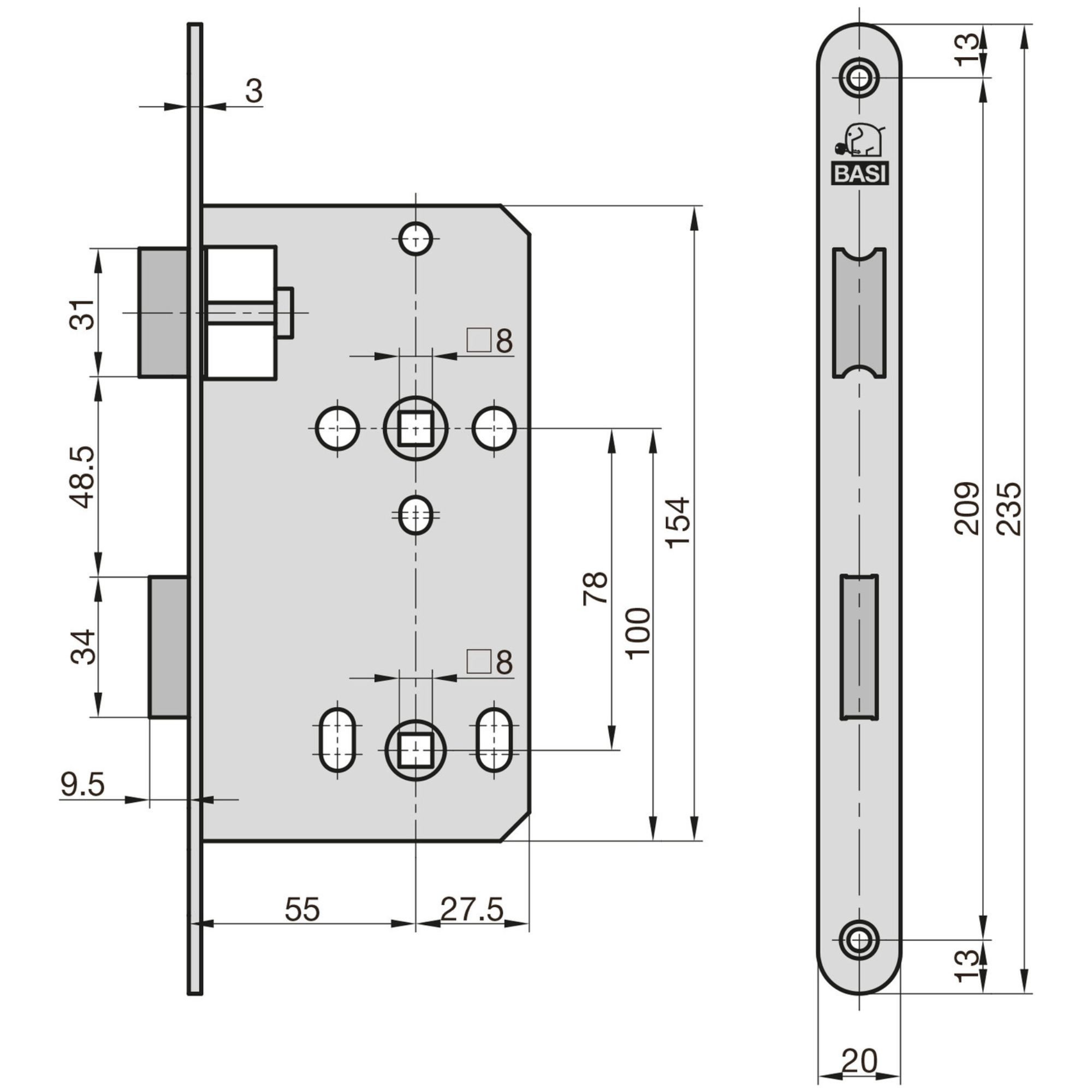 BASI Einsteckschloss Zimmertürschloss mit WC-Lochung 78/8 mm, Dorn 55mm, Dornmaß 55 mm, Spar-Set, BAD-WC, DIN Rechts-Links, Rundstulp Edelstahl