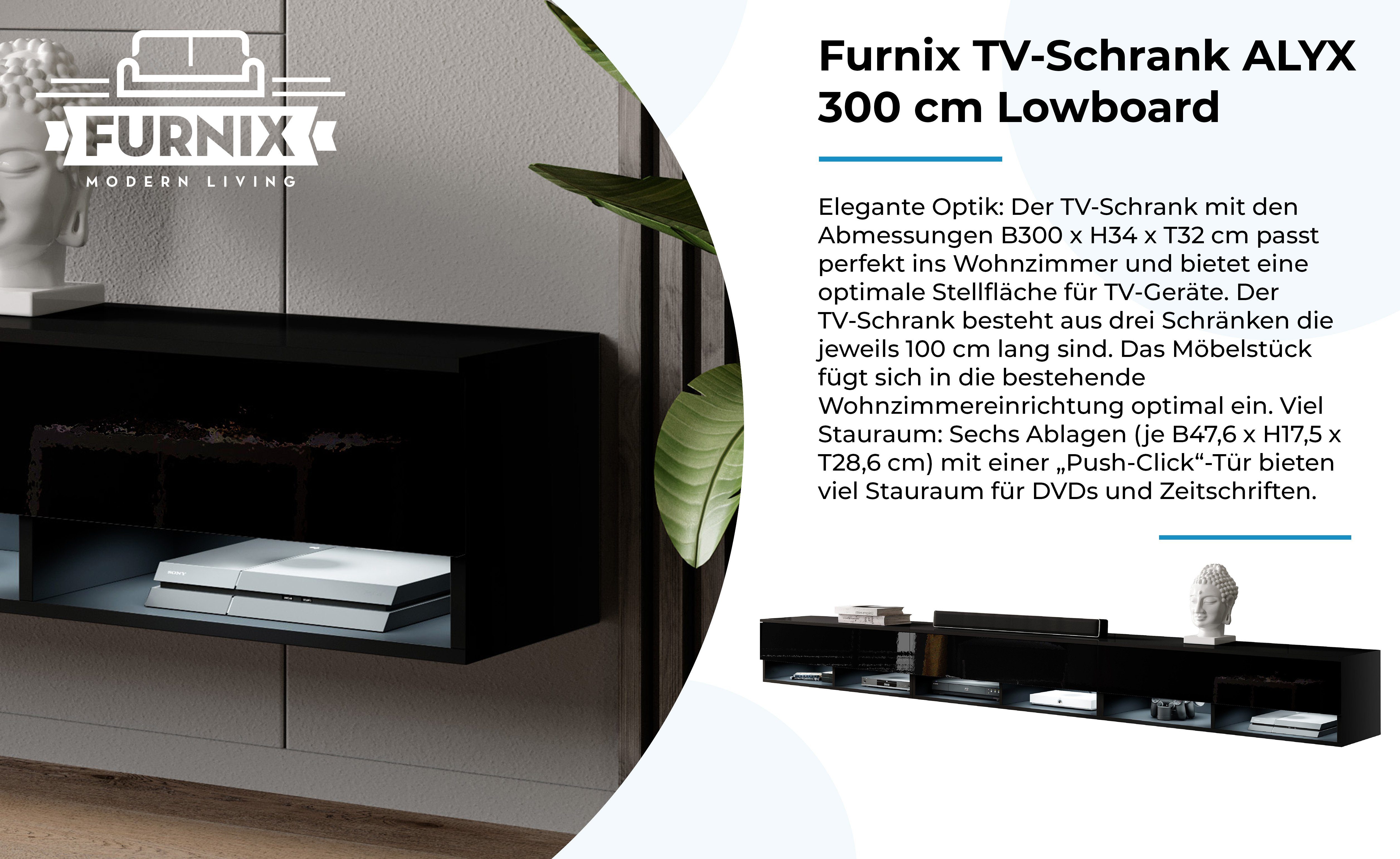 Schwarz/Schwarz Glanz T32 x TV-Kommode x B300 cm ALYX Lowboard cm 300 Türen H34 3 mit ohne Furnix TV-Schrank LED