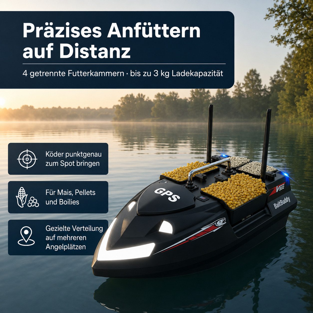 Tekoo RC-Boot GPS Futterboot mit Fischfinder, 500m Reichweite, 2x12000mAh (Set), 160 GPS-Wegpunkte, 500m Reichweite, 3kg Ladekapazität