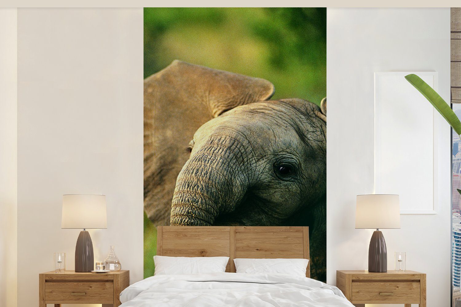 MuchoWow Fototapete Elefant - Grün - Tiere - Natur, Matt, bedruckt, (2 St), Vliestapete für Wohnzimmer Schlafzimmer Küche, Fototapete