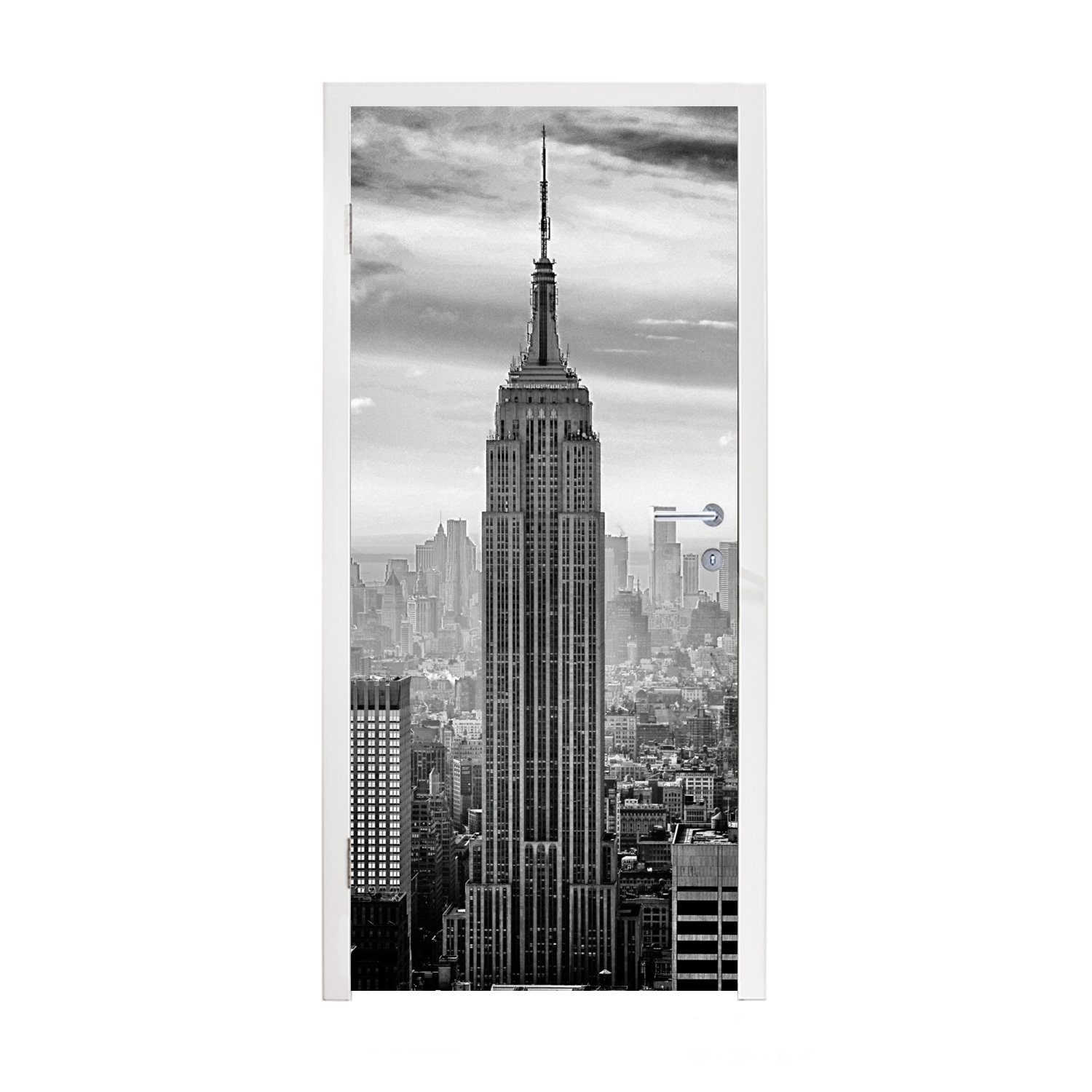 MuchoWow Türtapete New York - Architektur - Schwarz - Weiß, Matt, bedruckt, (1 St), Selbstklebende Tapete, Folie für Möbel, 75x205 cm