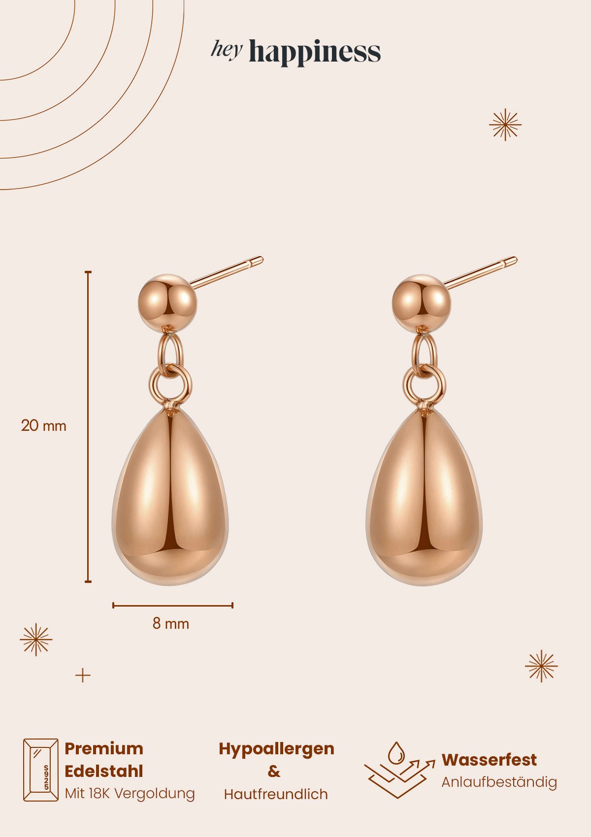 Hey Happiness Paar Ohrstecker Kugel und Tropfen hängend, Ohrhänger 18K Roségold Vergoldet, Tropfen Ohrringe Damen Edelstahl klein, wasserfest – Bild 4 von 5