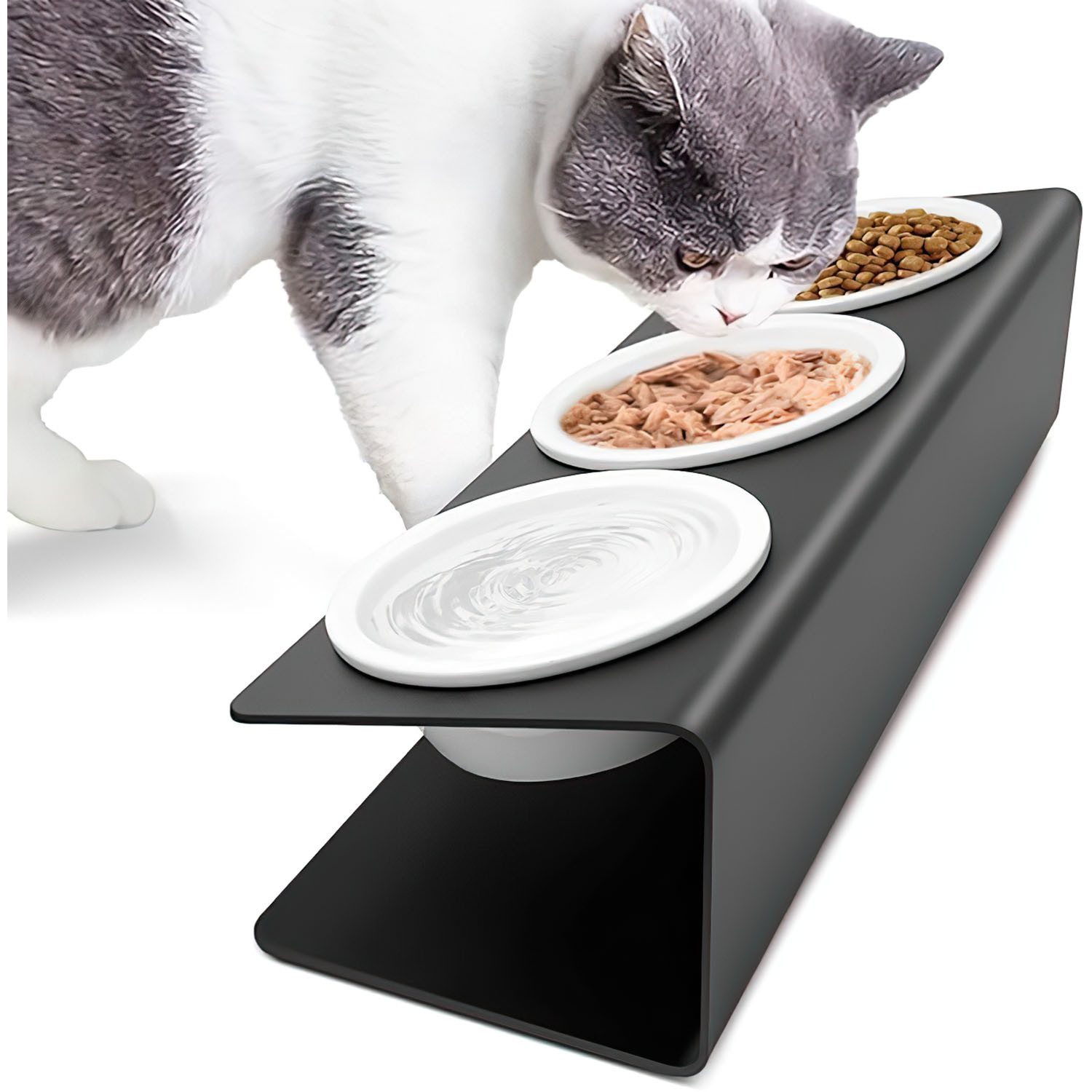 SURFOU Futternapf Katzennapf 3er Set Futternapf Katze aus Keramik mit Metall Ständer, 15°gekippte Futterstation Katzen Hundenapf Fressnapf und Wassernapf