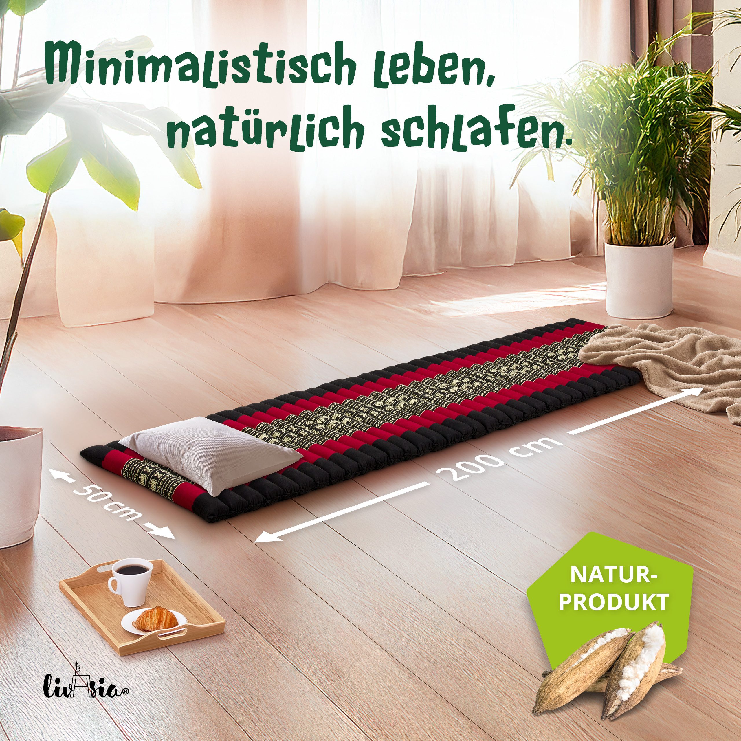 Reisebett-Matratzen Rollmatte 50 cm breit, vegan und handgefertigt, 210x50x4,5cm, livasia, 4,50 cm hoch, Kapok