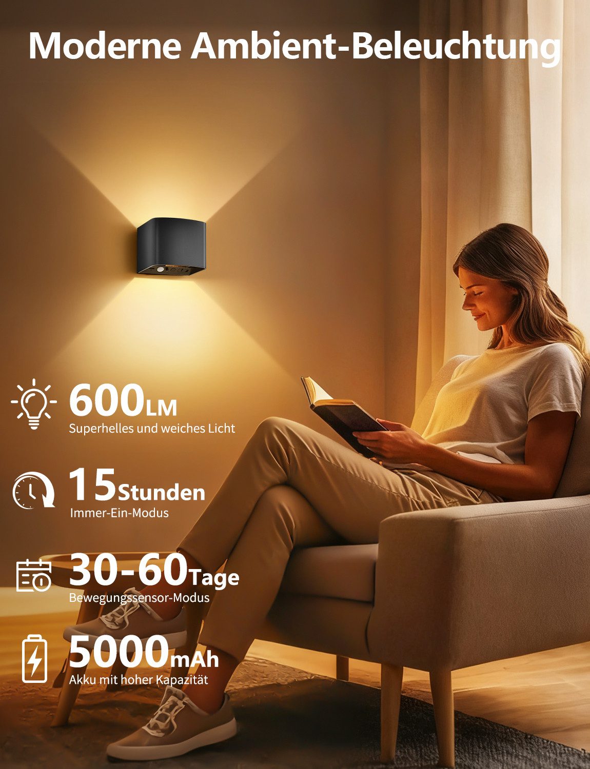 GeyouLux Wandleuchte 5000mAh Aufladbare Wandleuchte Innen, Fernbedienung & Dimmbar, LED-Lampen, LED Wandlampe mit Bewegungsmelder, 2 Stück