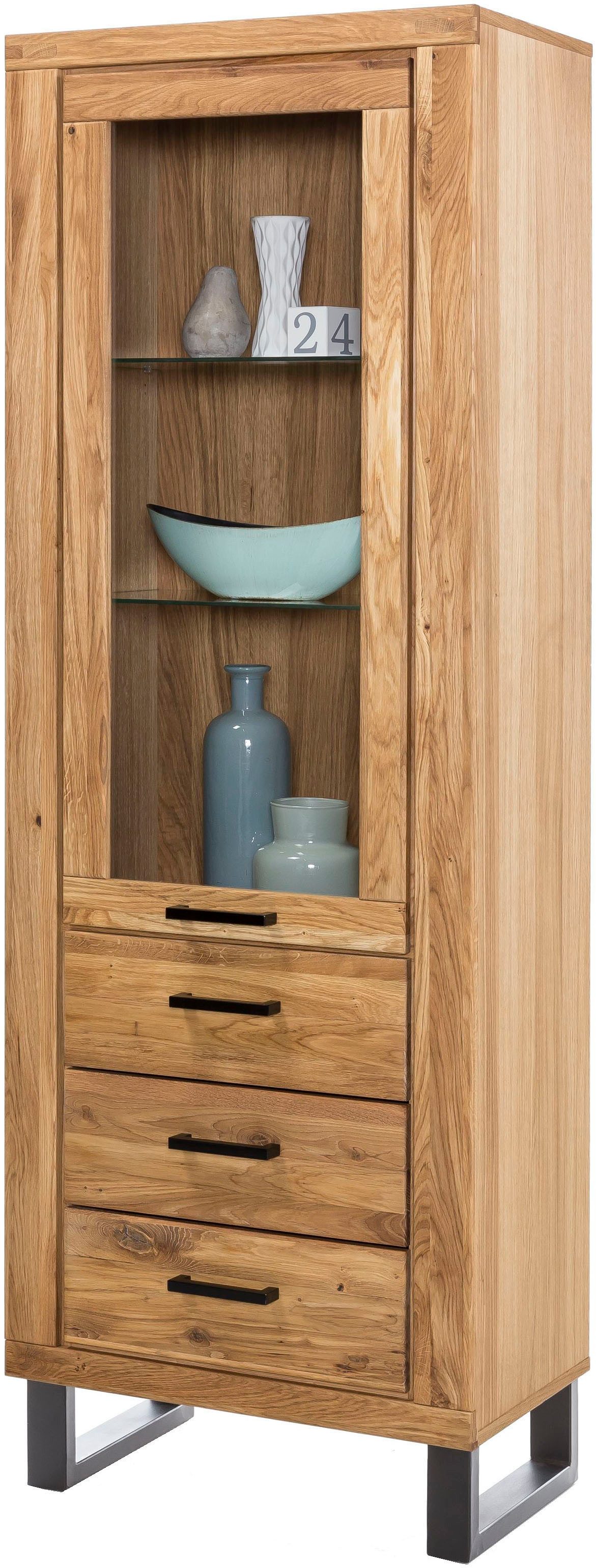 Home affaire Vitrine Metallfüße im Industrie-Design, Eiche Teilmassiv, viel Stauraum