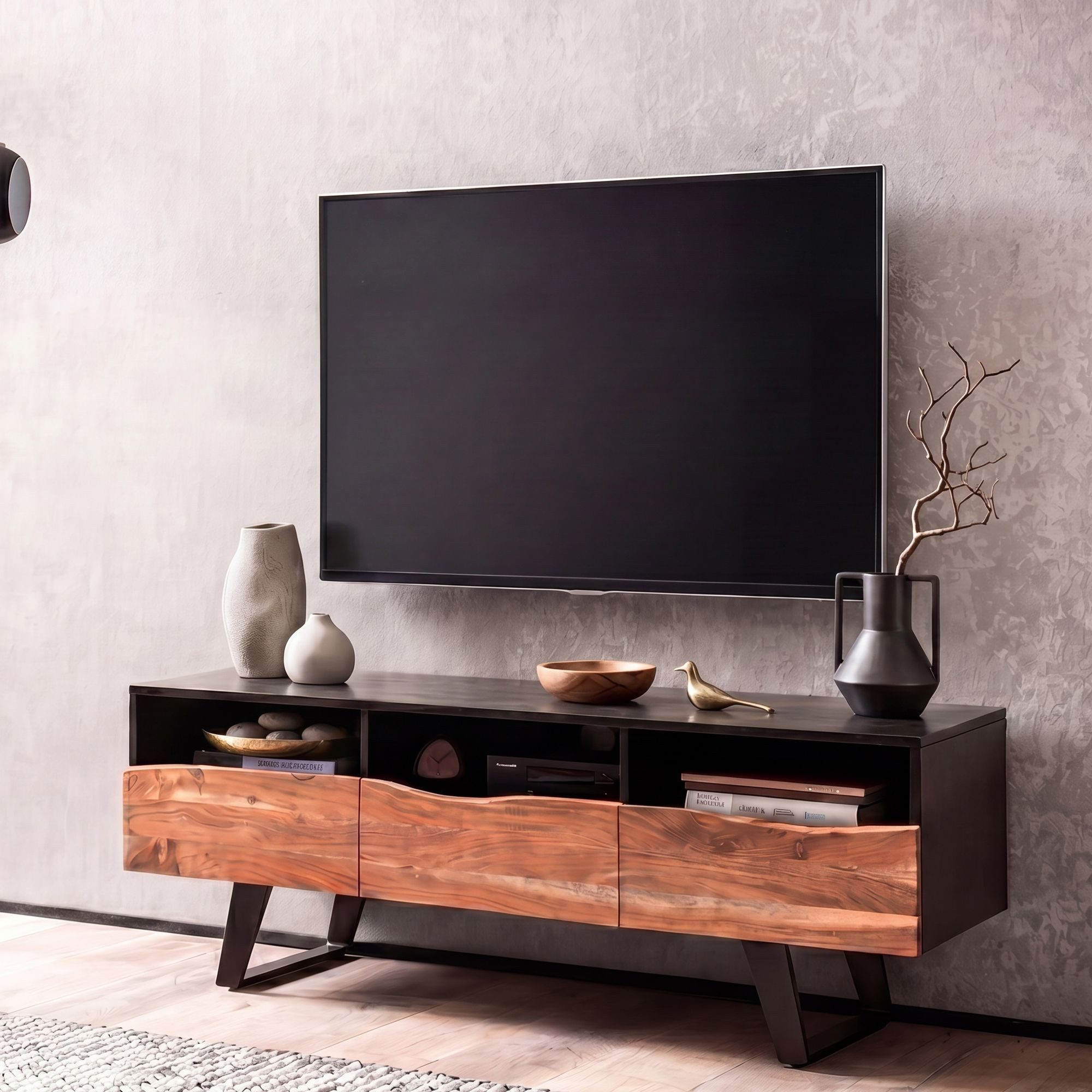 FINEBUY Lowboard FB105141 Massive TV-Board Kommode 140cm Akazie Massivholz Baumkante (Akazie Massivholz, zwei Türen, 140x50x40 cm)